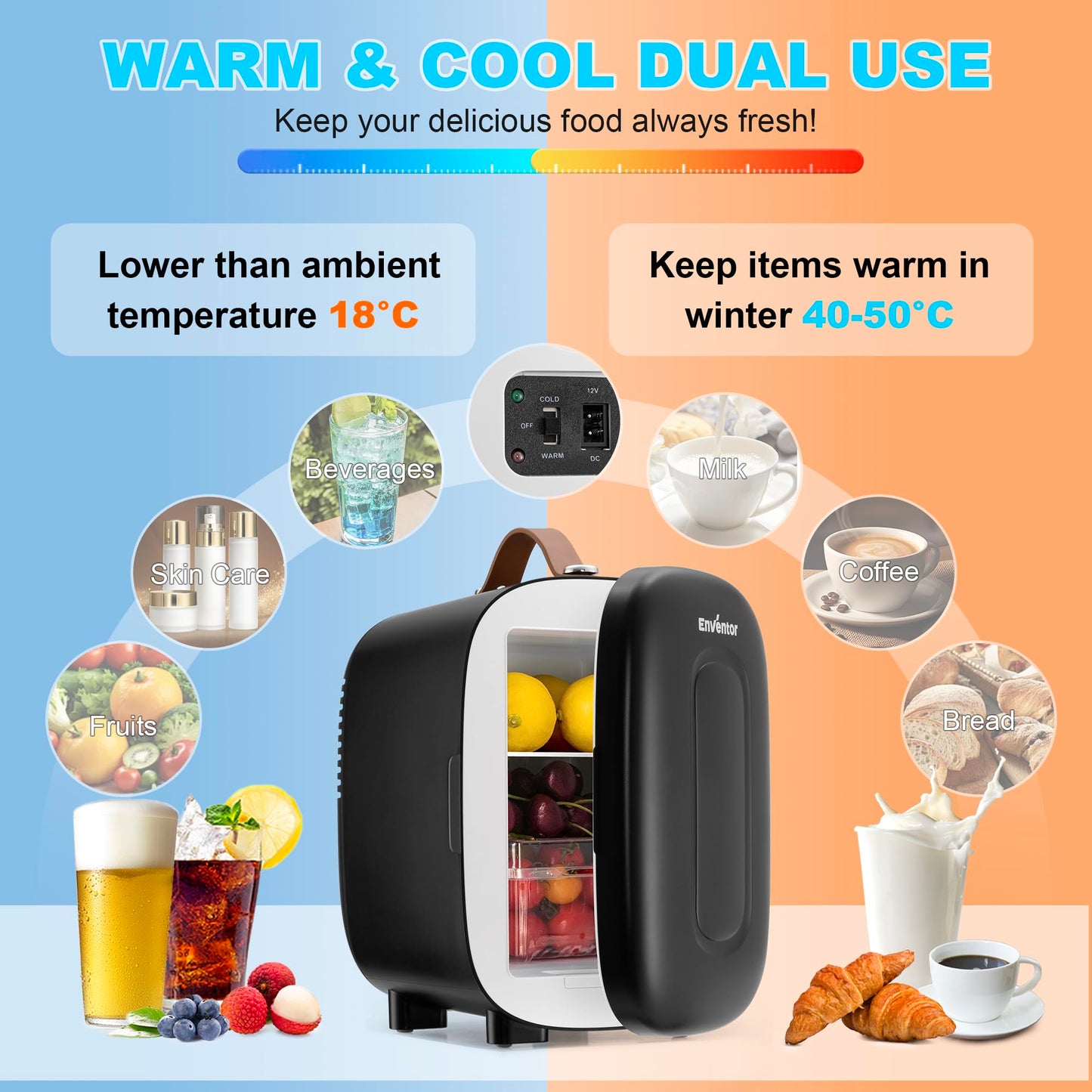 Enventor Mini Fridge 4 Litre/ 6 Can, AC+12V DC Power, Portable Cooler & Warmer, Small Fridge for Bedrooms, Car, Skincare, Fruit and Drinks, Black