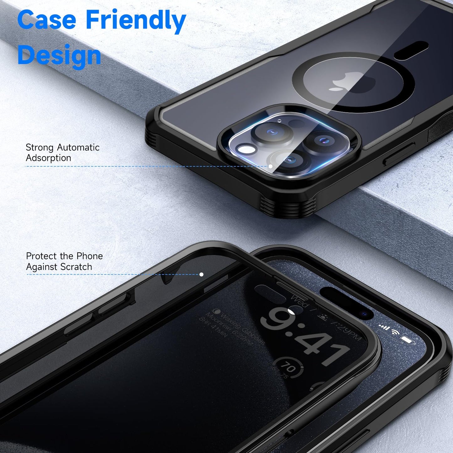 Seacosmo Magnetic iPhone 15 Pro Max Case with Privacy Screen Protector and Camera Lens Protector, Full Body Shockproof Protective Phone Case Compatible with MagSafe for iPhone 15 Pro Max - Black