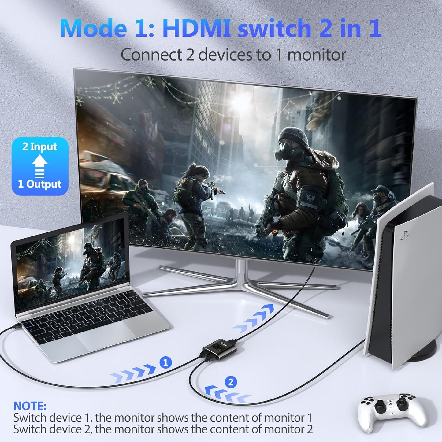 Fokky HDMI Splitter 4K@60Hz, Bidirectional HDMI Switch, Aluminum HDMI Splitter 2 in 1 out / 1 In 2 out, HDMI Splitter for dual monitors, Support 3D 1080P, suit for Xbox,PS5/4,DVD, (CABLE NOT INCLUDE)