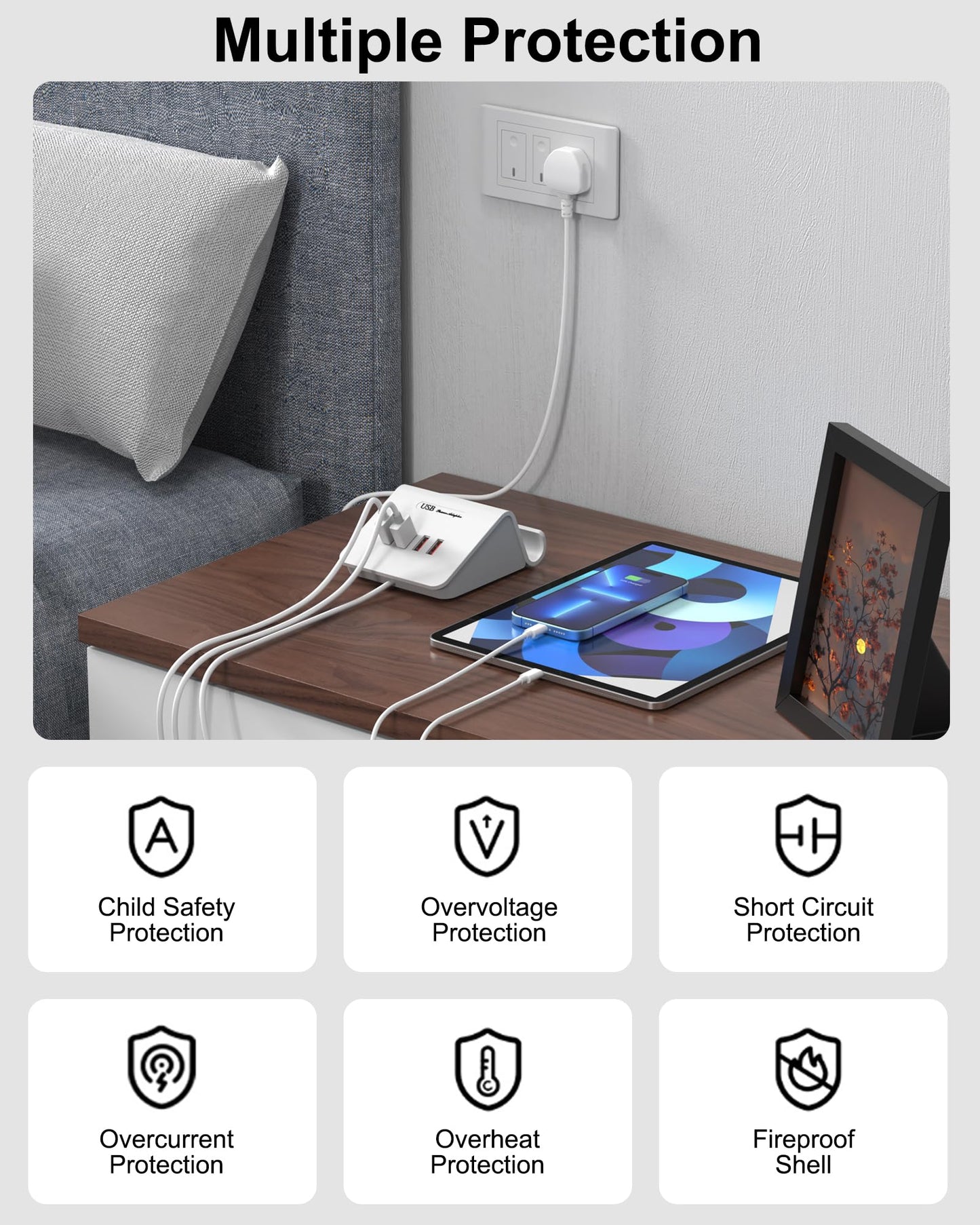 Qurzou USB Charging Station 25W USB Fast Charger Plug,Multi USB Wall Charger for iPhone 15/14/13/12,Samsung Galaxy S23/S22/S21,Android etc
