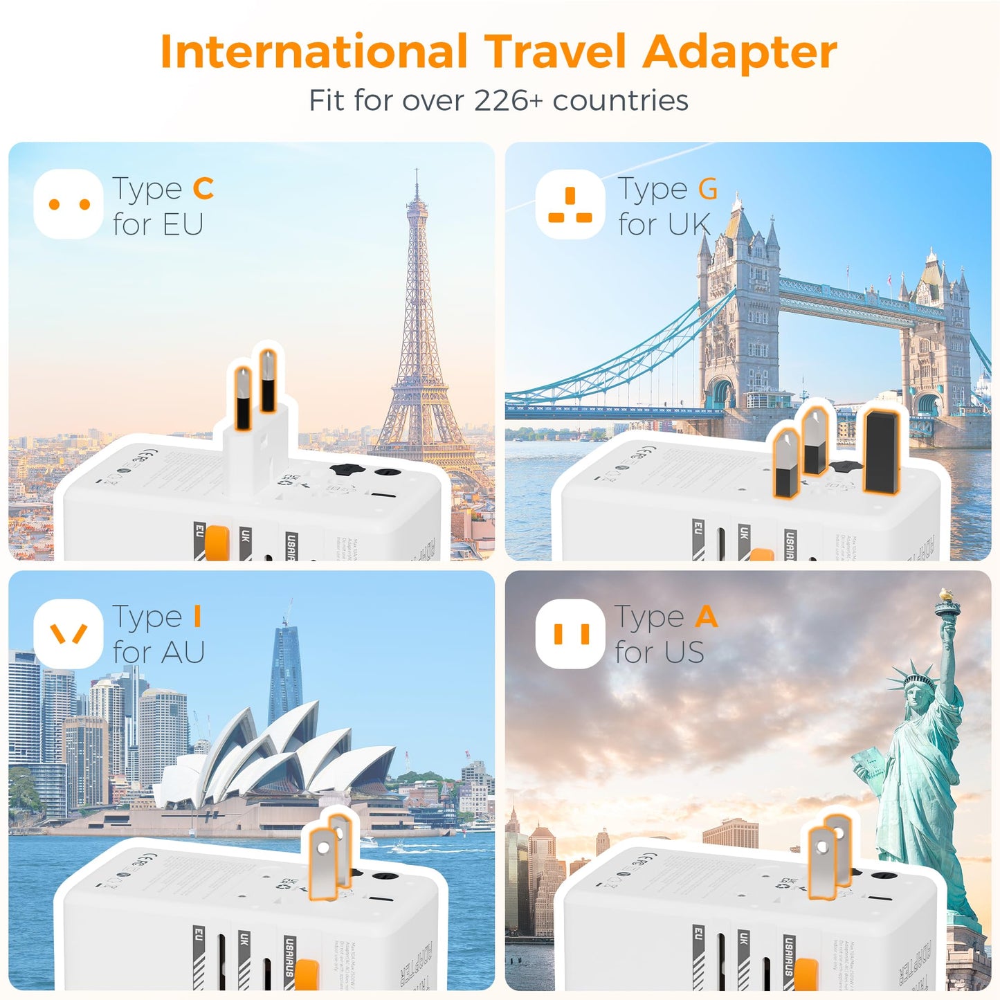 TESSAN Universal Travel Adapter Worldwide with 2 USB C and 2 USB A Ports, Universal Plug Adaptor UK to World, International Travel Adapter for Multi Countries EU, USA, UK, Australia, Thailand etc.