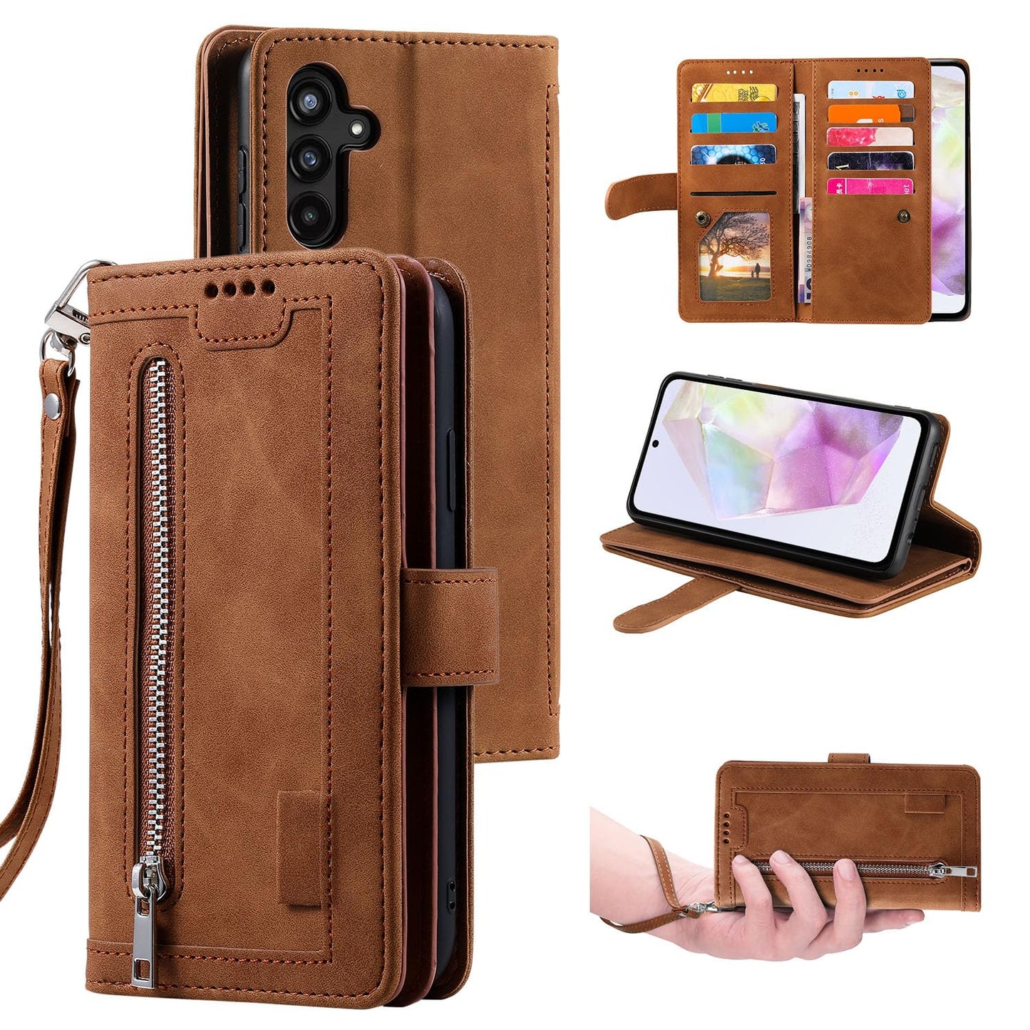 UEEBAI Wallet Case for Samsung Galaxy A15 – Retro PU Leather Flip Cover with 9 Card Slots, Zipper Pocket, Magnetic Closure, Kickstand & Wrist Strap, Shockproof Protective Case
