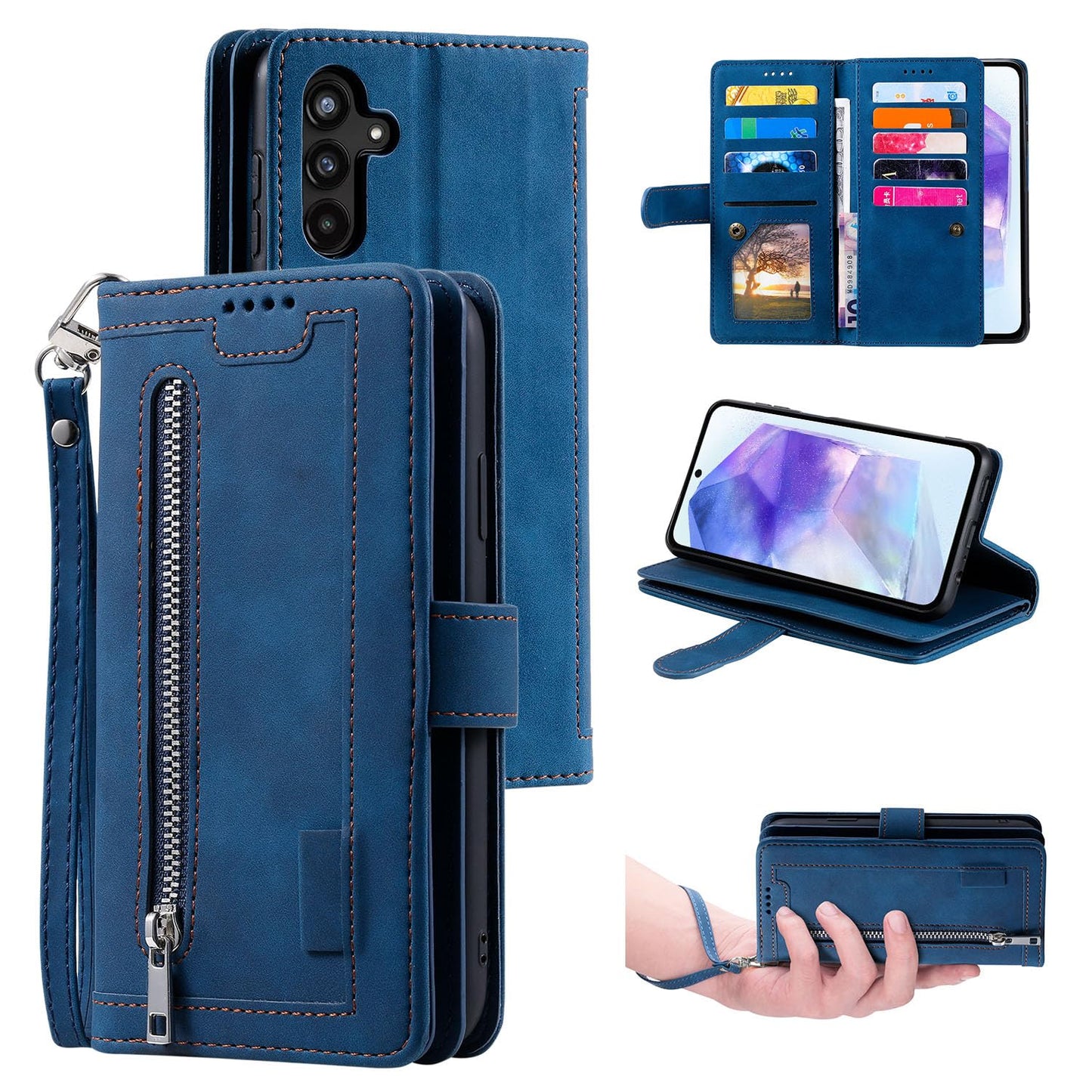 UEEBAI Wallet Case for Samsung Galaxy A15 – Retro PU Leather Flip Cover with 9 Card Slots, Zipper Pocket, Magnetic Closure, Kickstand & Wrist Strap, Shockproof Protective Case
