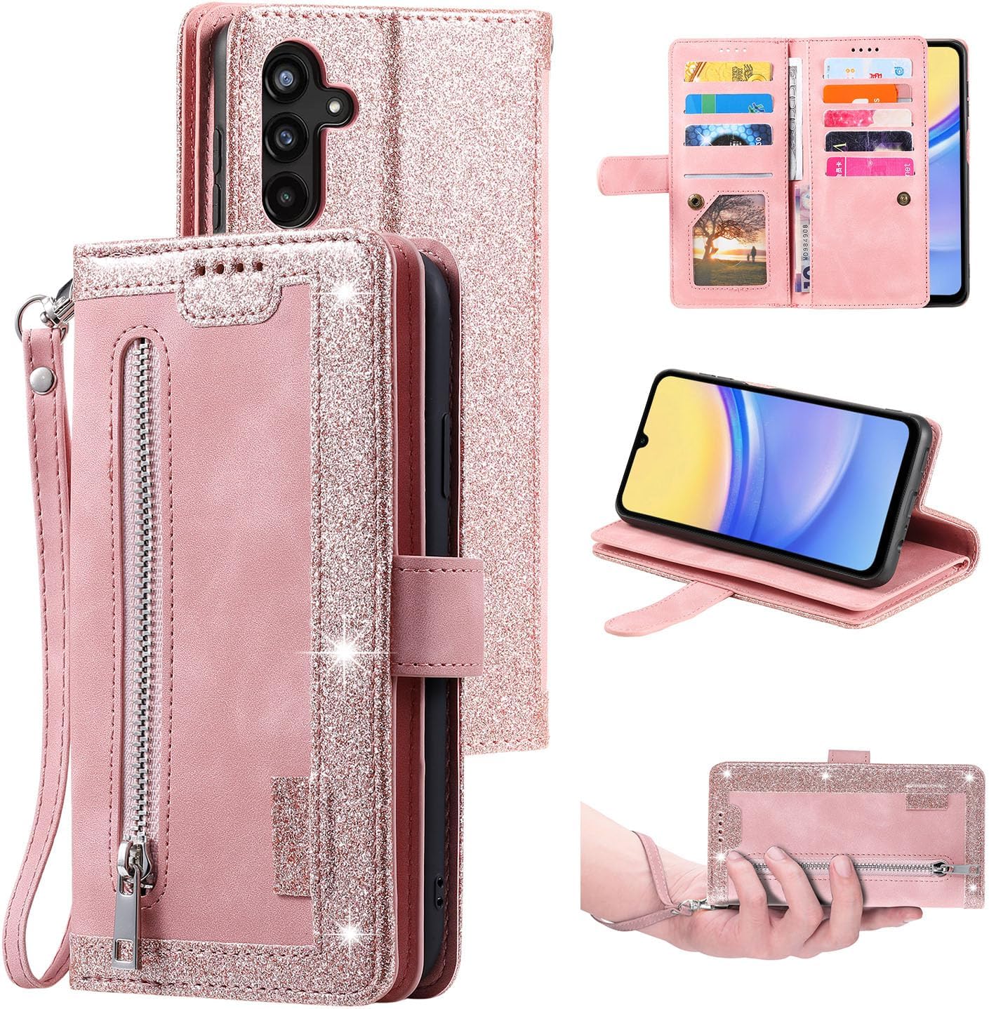 UEEBAI Wallet Case for Samsung Galaxy A15 – Retro PU Leather Flip Cover with 9 Card Slots, Zipper Pocket, Magnetic Closure, Kickstand & Wrist Strap, Shockproof Protective Case