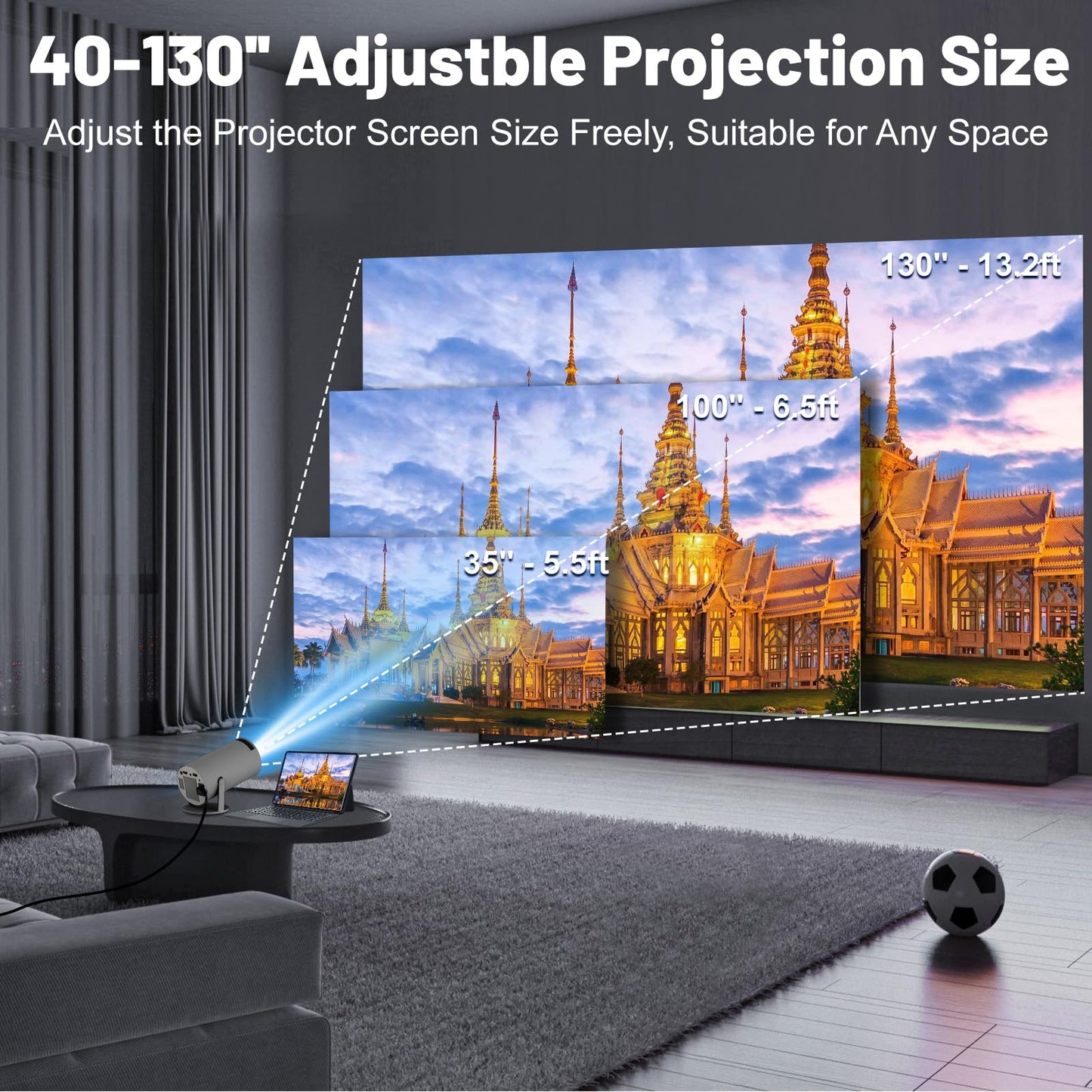 Mini Projector with WIFI 6 and Bluetooth, Support Portable Projector 180° Rotatable 130'' Screen Movie Projector Auto Keystone Compatible for Laptop, PC, Smartphone