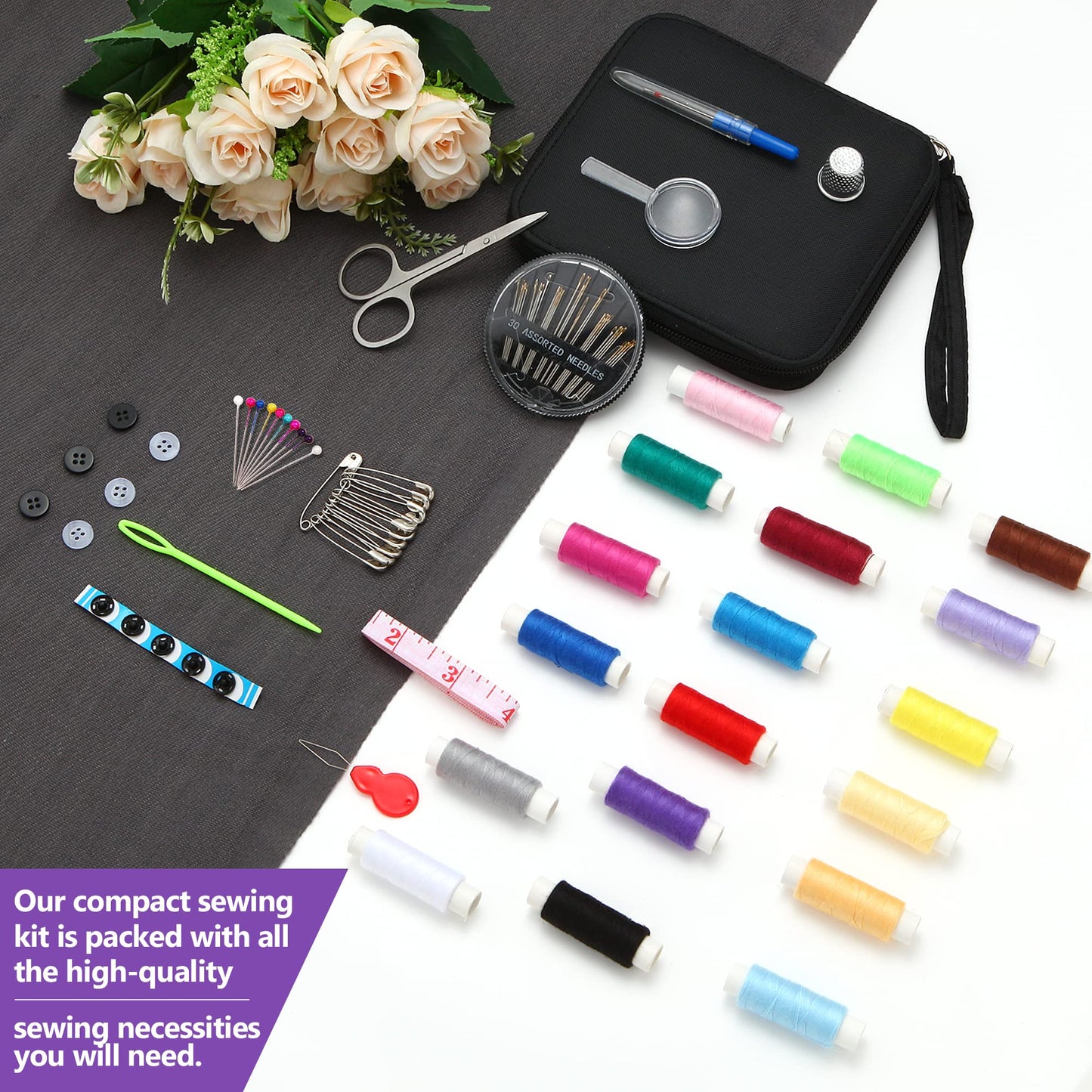 AUERVO Travel Mini Sewing Kit, Over 70 Premium Supplies, Filled with Needles, Scissors, Thimble, Thread, Tape Measure