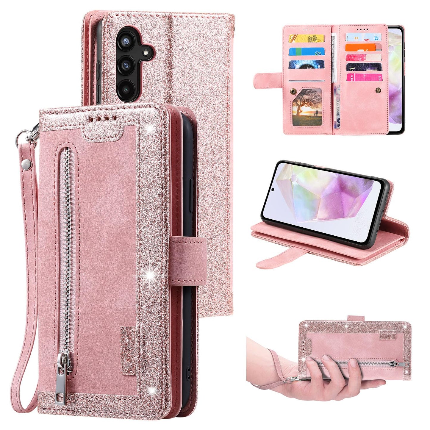 UEEBAI Wallet Case for Samsung Galaxy A15 – Retro PU Leather Flip Cover with 9 Card Slots, Zipper Pocket, Magnetic Closure, Kickstand & Wrist Strap, Shockproof Protective Case