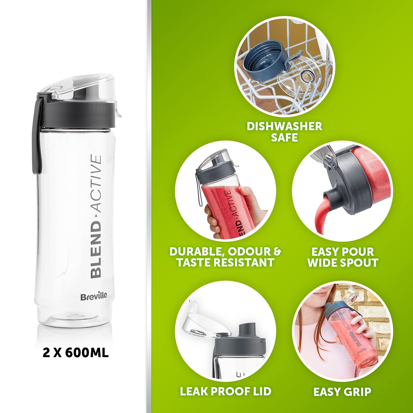 Breville Blend Active Personal Blender & Smoothie Maker | 350W | 2 Portable Blend Active Bottles (600ml) |Leak Proof Lids White & Green