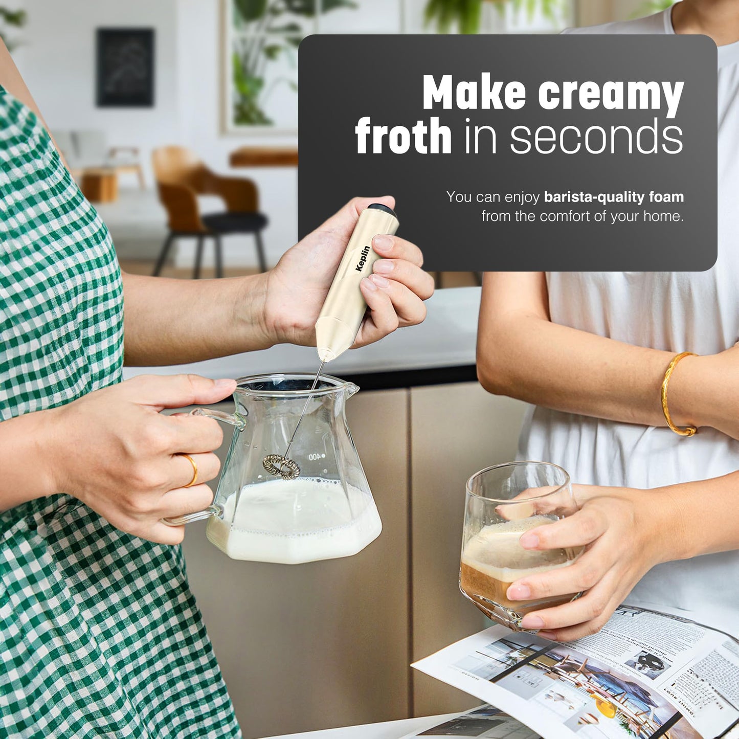 Keplin Handheld Milk Frother - Stainless Steel Electric Whisk - Portable Battery-Operated Coffee Frother for Lattes, Matcha, Protein Shakes - Ergonomic, Compact, Easy to Clean (Battery Not Included)