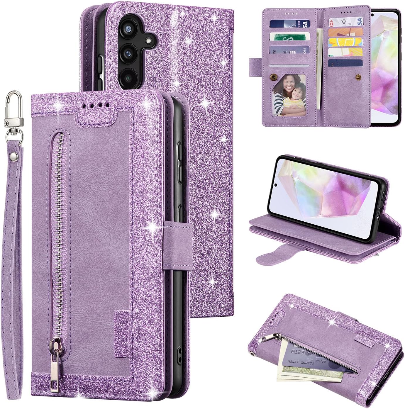 UEEBAI Wallet Case for Samsung Galaxy A15 – Retro PU Leather Flip Cover with 9 Card Slots, Zipper Pocket, Magnetic Closure, Kickstand & Wrist Strap, Shockproof Protective Case