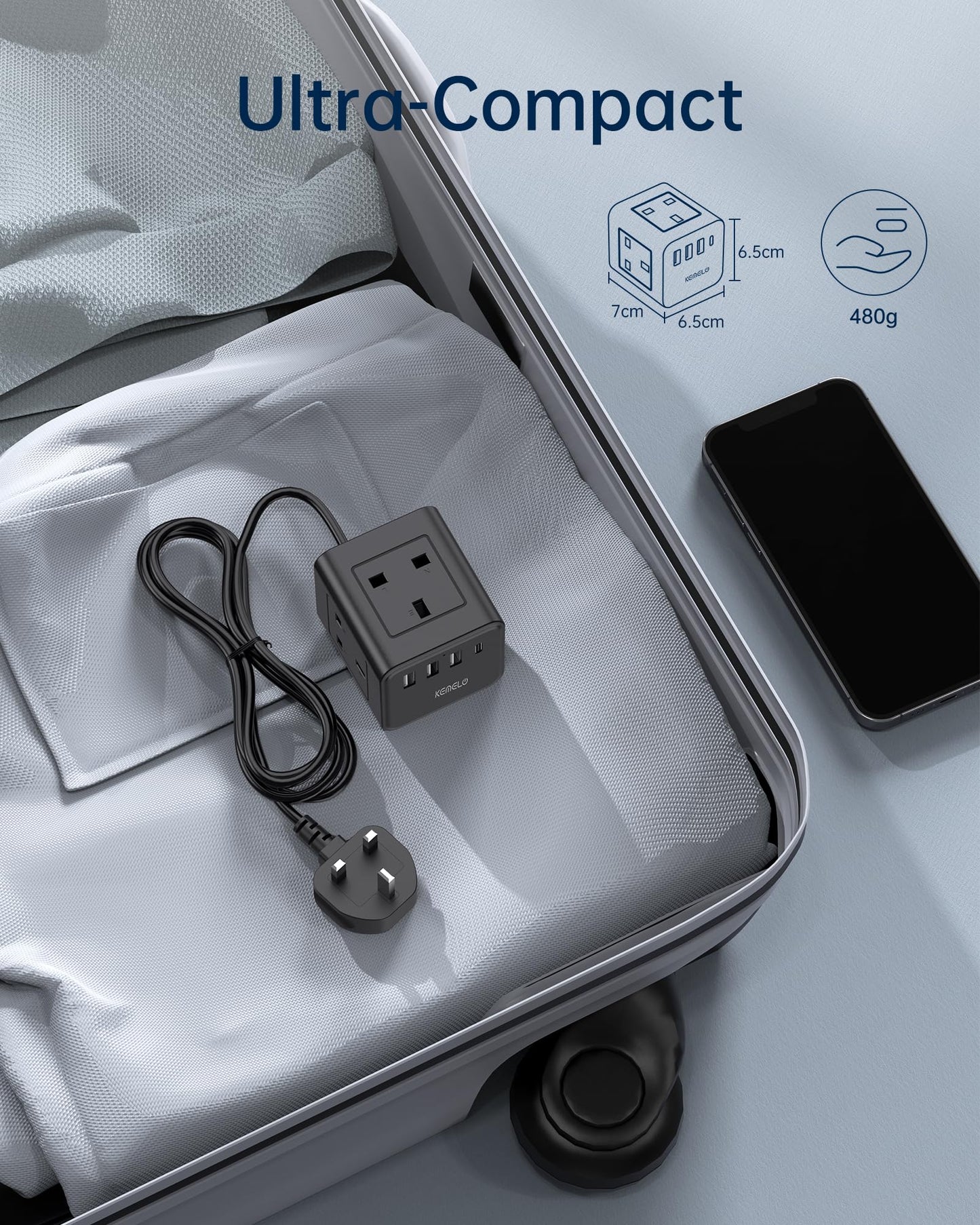 Kemelo Cube Extension Lead with 4 USB Ports – 4-Way 13A/3250W Power Strip with Child Safety, 1.5M Cable, UK Desktop Multi Plug Socket