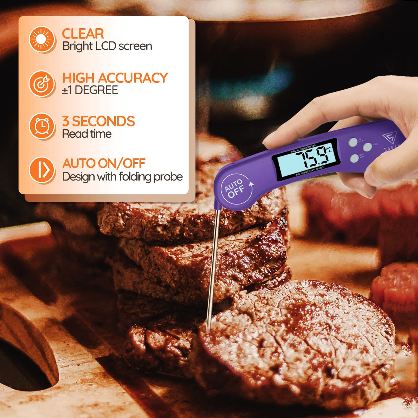 DOQAUS Digital Meat Thermometer, Instant Read Food Thermometer with Backlight LCD Screen, Foldable Long Probe & Auto On/Off, Perfect for Kitchen, BBQ, Water,Meat, Milk, Cooking Food (Black)