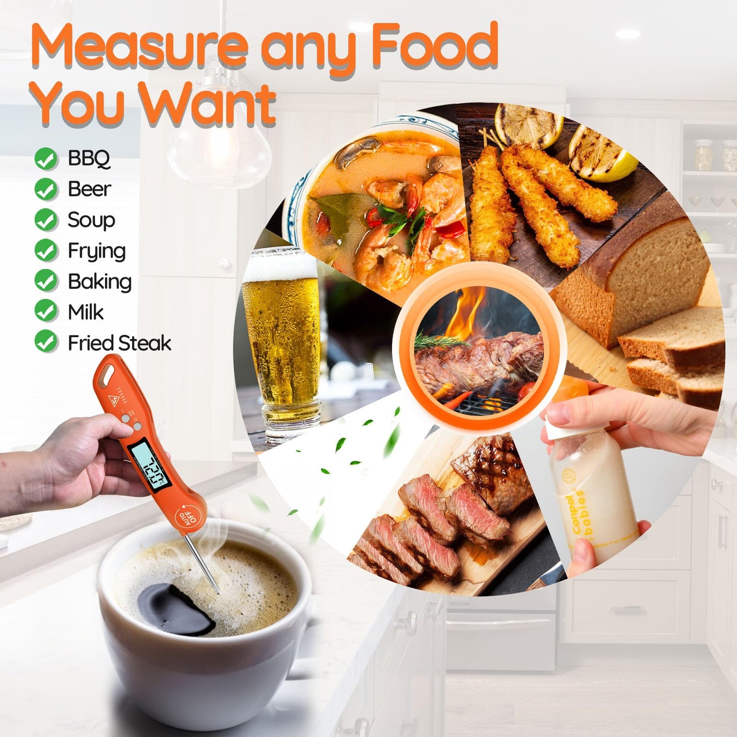 DOQAUS Digital Meat Thermometer, Instant Read Food Thermometer with Backlight LCD Screen, Foldable Long Probe & Auto On/Off, Perfect for Kitchen, BBQ, Water,Meat, Milk, Cooking Food (Black)