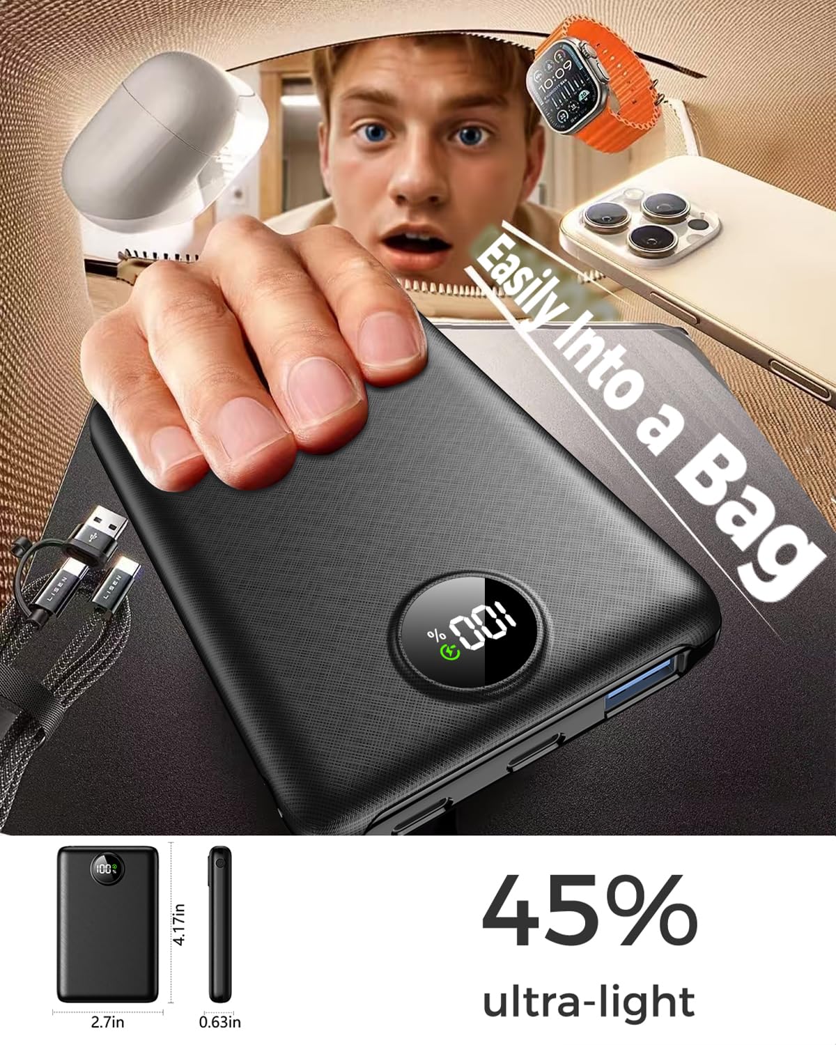 LKOUY 22.5W Super Fast Charging Power Bank – Ultra Slim, Lightweight, Triple Ports USB