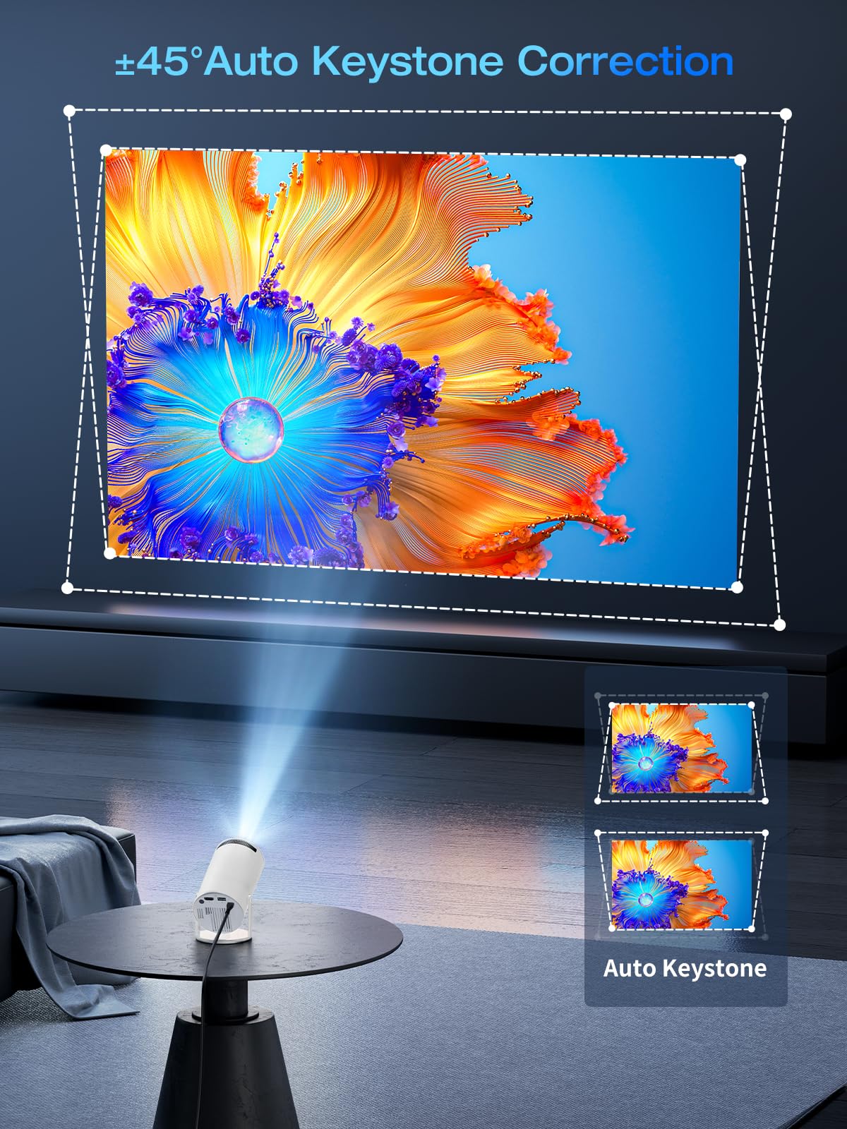 Mini Projector Portable 20000 Lux Projector 4K Supported 180° Rotation & Auto Keystone, Outdoor Compatible with TV Stick/Windows/iOS/Android/HDMI/USB (1080P)