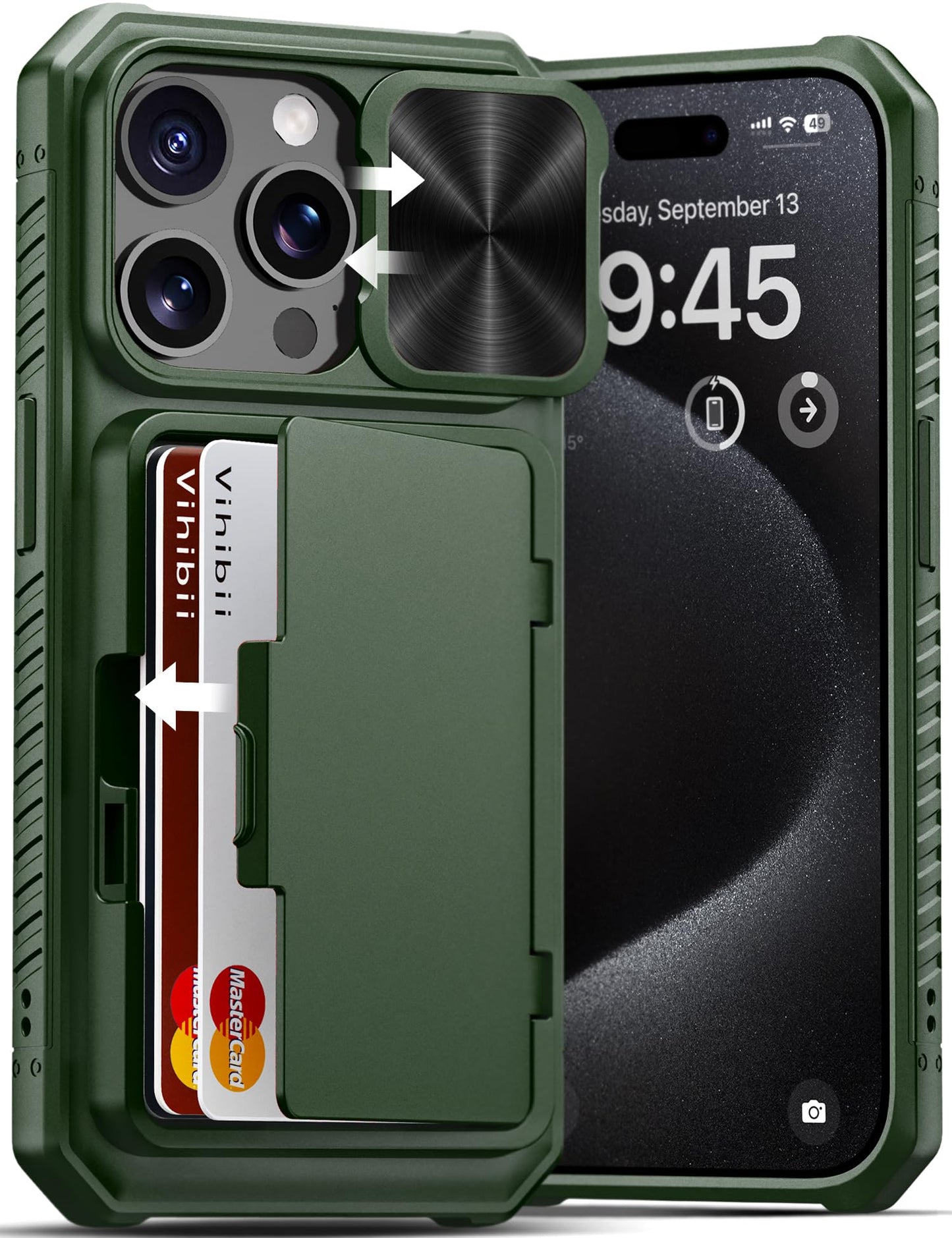 Vihibii for iPhone 15 Pro Max Case with Card Holder & Slide Camera Cover & Kickstand, Military Grade Drop Protection, Rugged Hard Back & Silicone Edge Wallet Phone Case