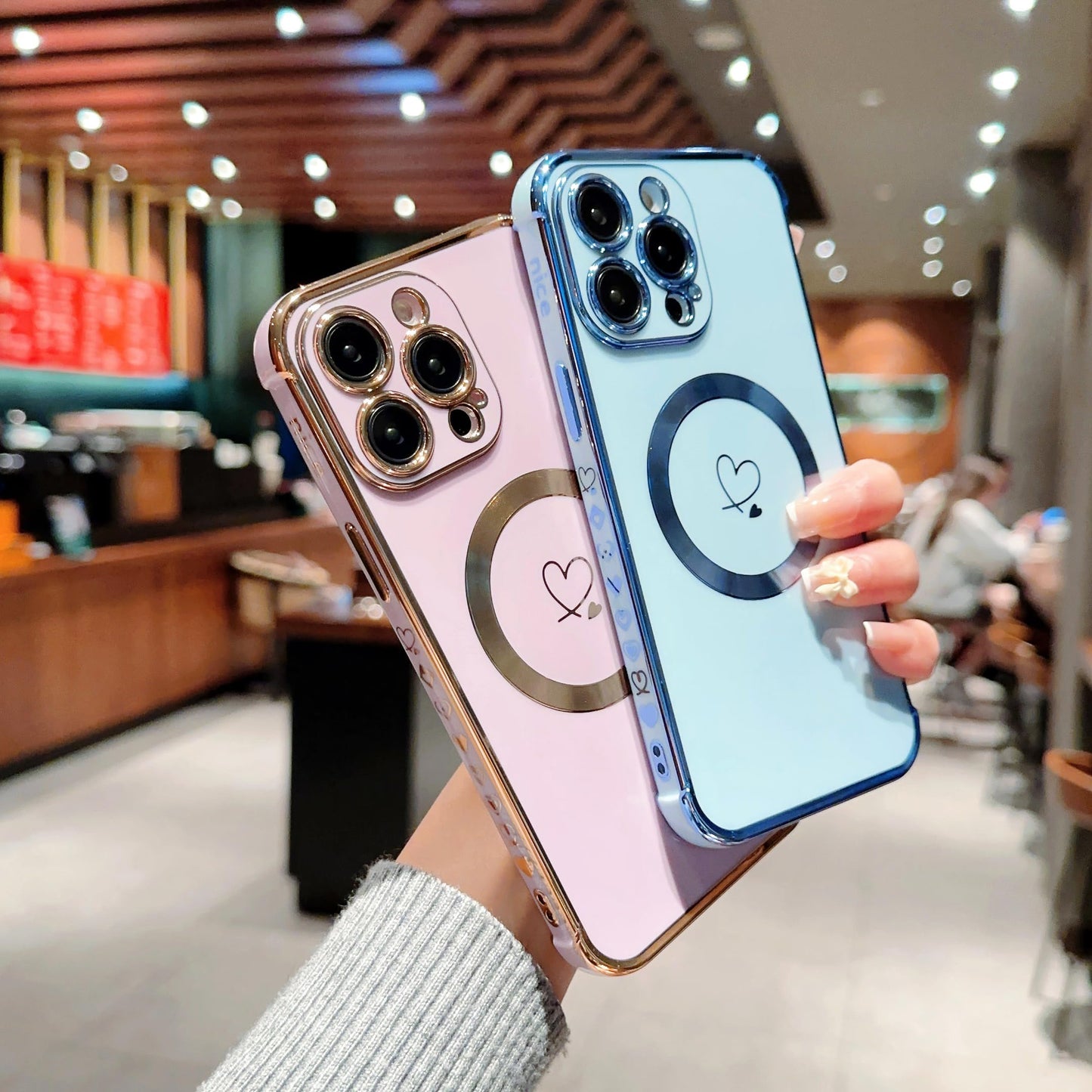 ZTOFERA Magnetic Case for iPhone 15 Pro Compatible with MagSafe, Flexible Soft Silicone Protective Phone with Cute Love Heart Pattern Golden Rim Shockproof Bumper Cover