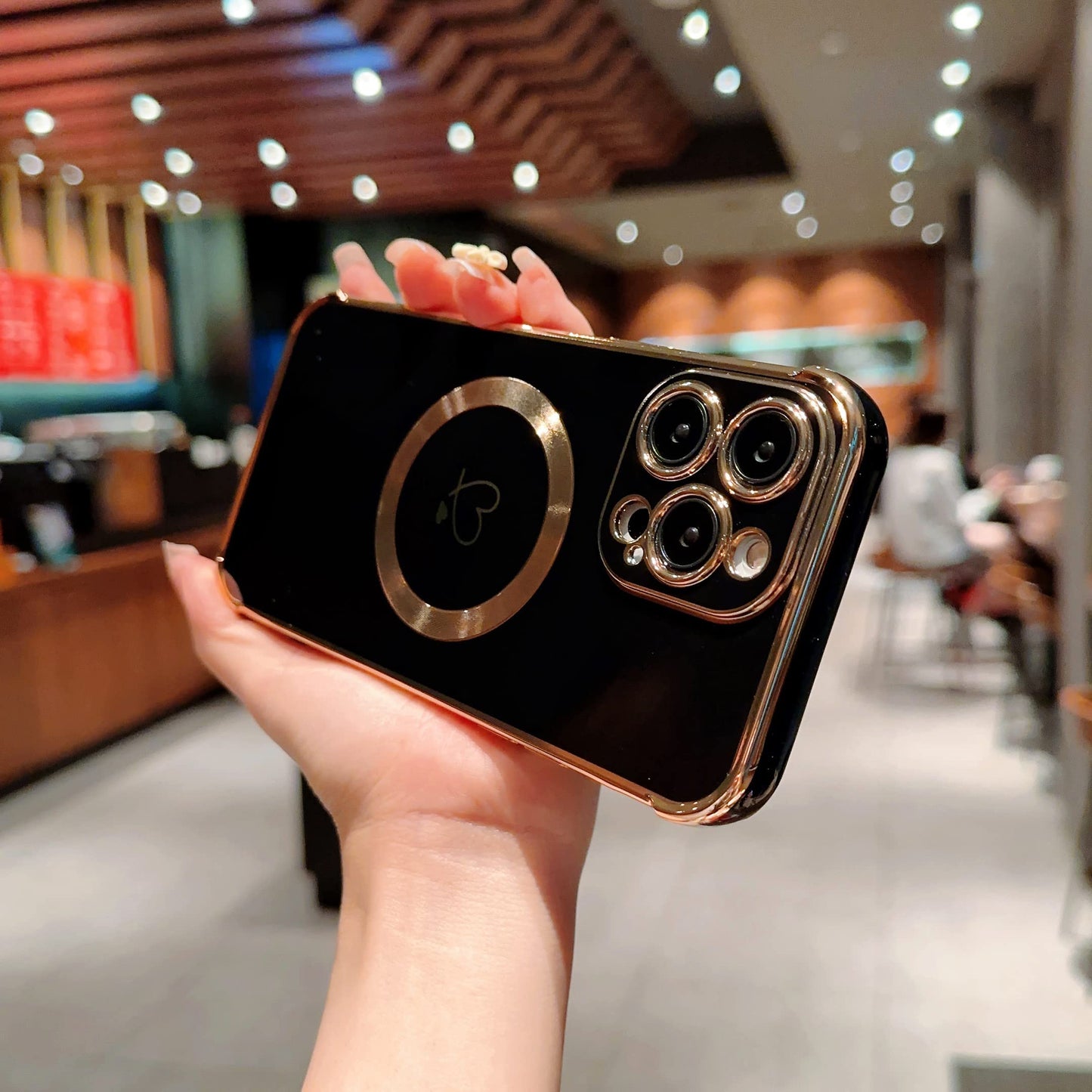 ZTOFERA Magnetic Case for iPhone 15 Pro Compatible with MagSafe, Flexible Soft Silicone Protective Phone with Cute Love Heart Pattern Golden Rim Shockproof Bumper Cover
