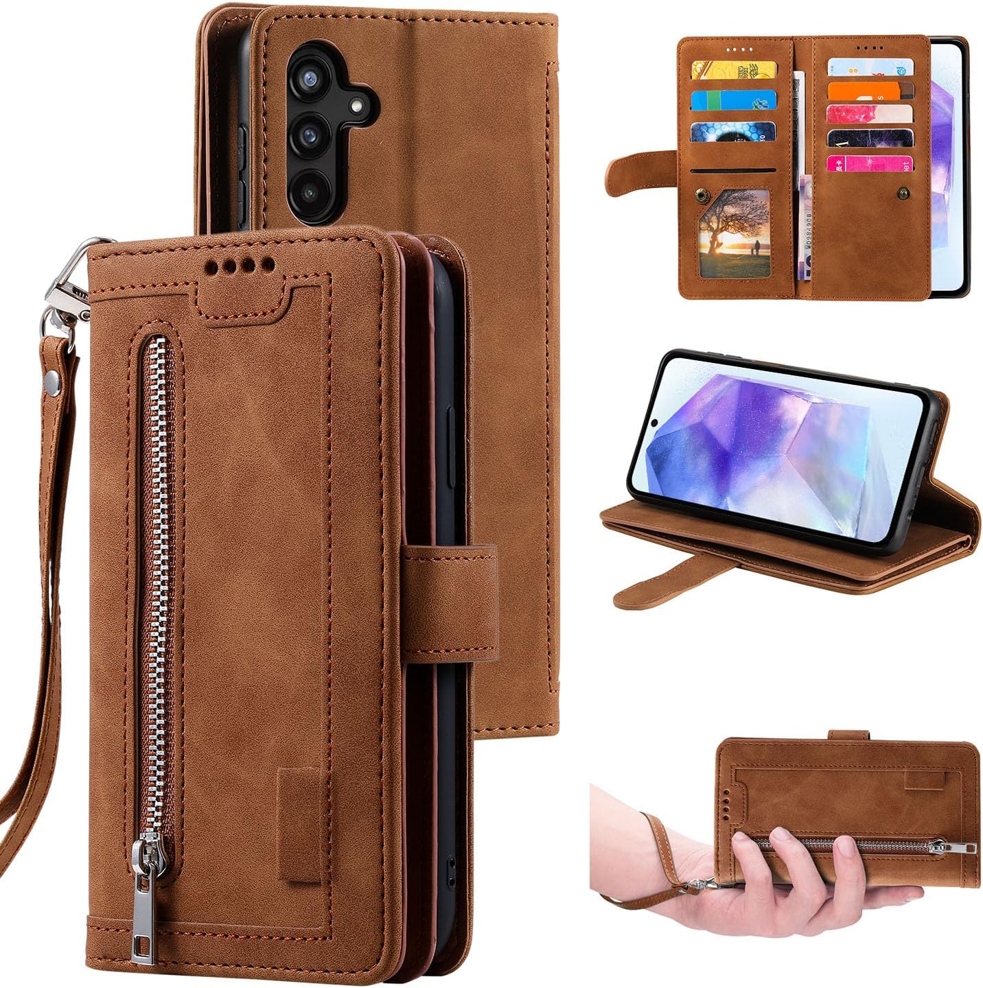 UEEBAI Wallet Case for Samsung Galaxy A15 – Retro PU Leather Flip Cover with 9 Card Slots, Zipper Pocket, Magnetic Closure, Kickstand & Wrist Strap, Shockproof Protective Case