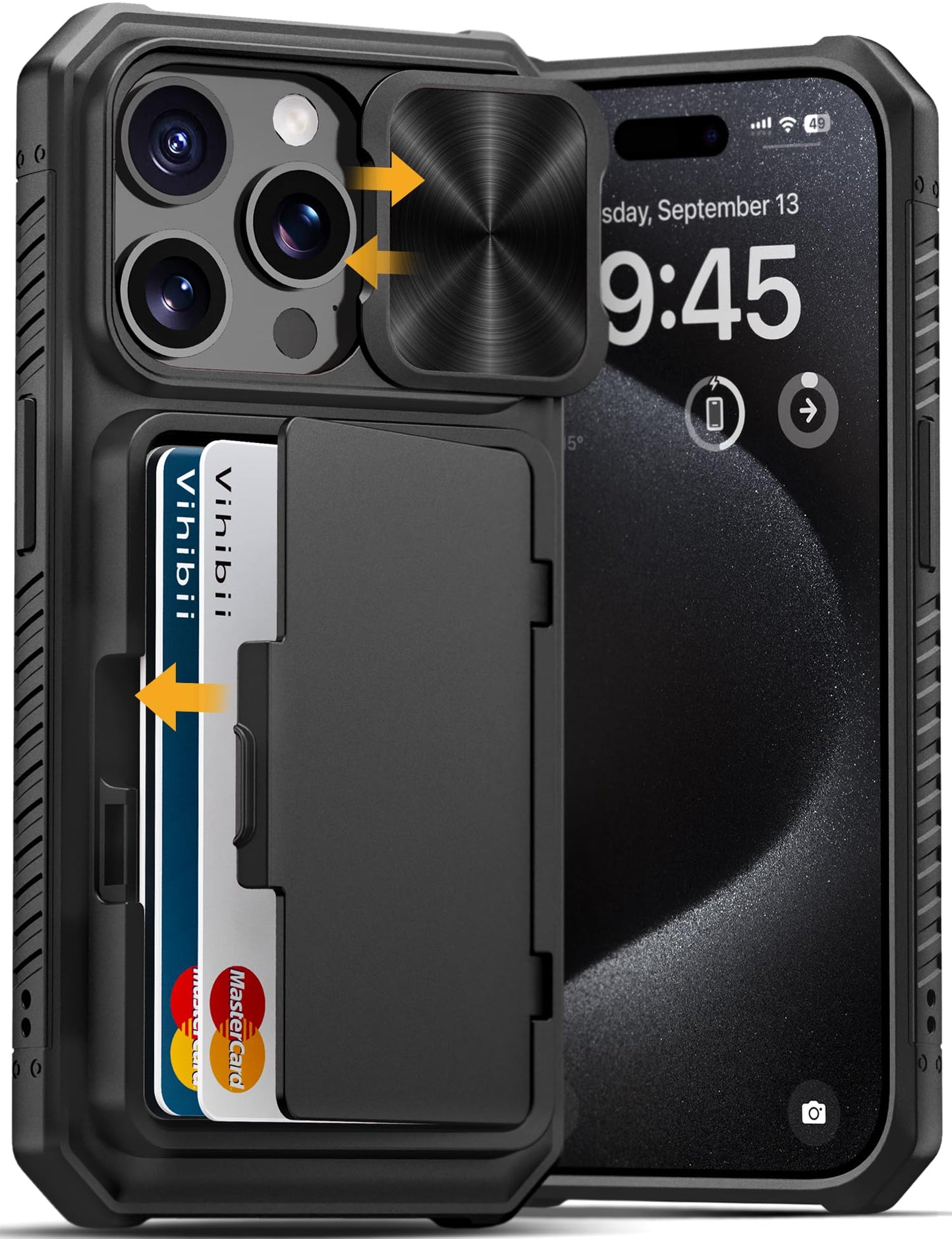 Vihibii for iPhone 15 Pro Max Case with Card Holder & Slide Camera Cover & Kickstand, Military Grade Drop Protection, Rugged Hard Back & Silicone Edge Wallet Phone Case