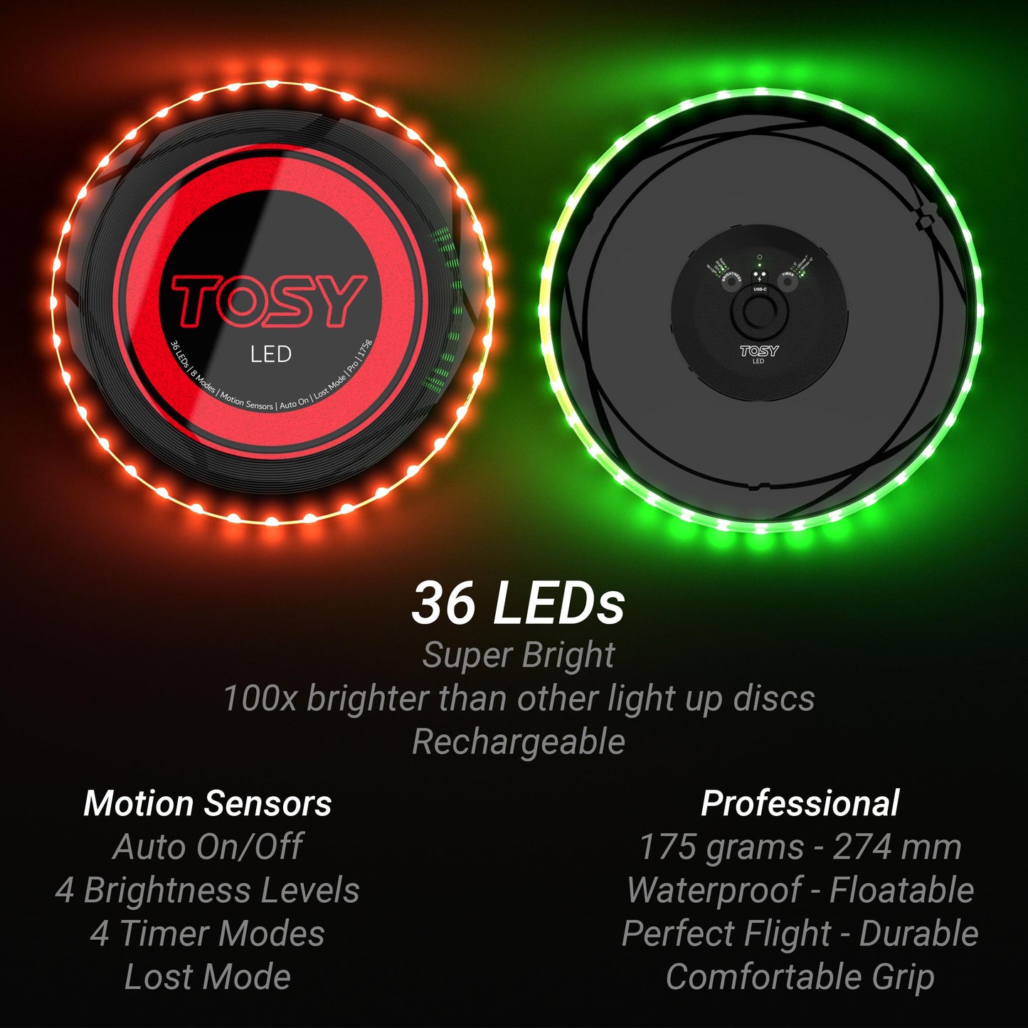 TOSY Flying Disc - 16 Million Color RGB LEDs, Extremely Bright, Smart Modes, Auto Light Up, Rechargeable, Waterproof, Birthday, Camping Gift, 175g Frisbee