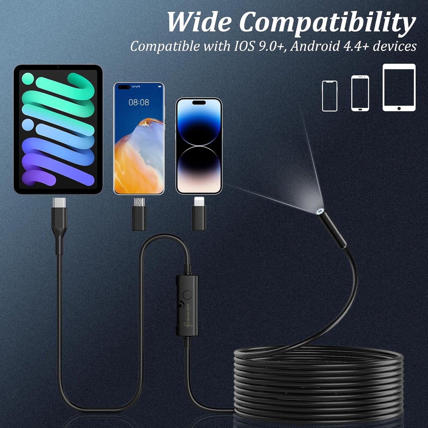 Endoscope Inspection Camera, Ennovor 1920 HD Flexible Rigid Snake Camera, 8 LED Lights Waterproof IP67 Tube Sink Pipe Drain Camera for Android iOS Tablet