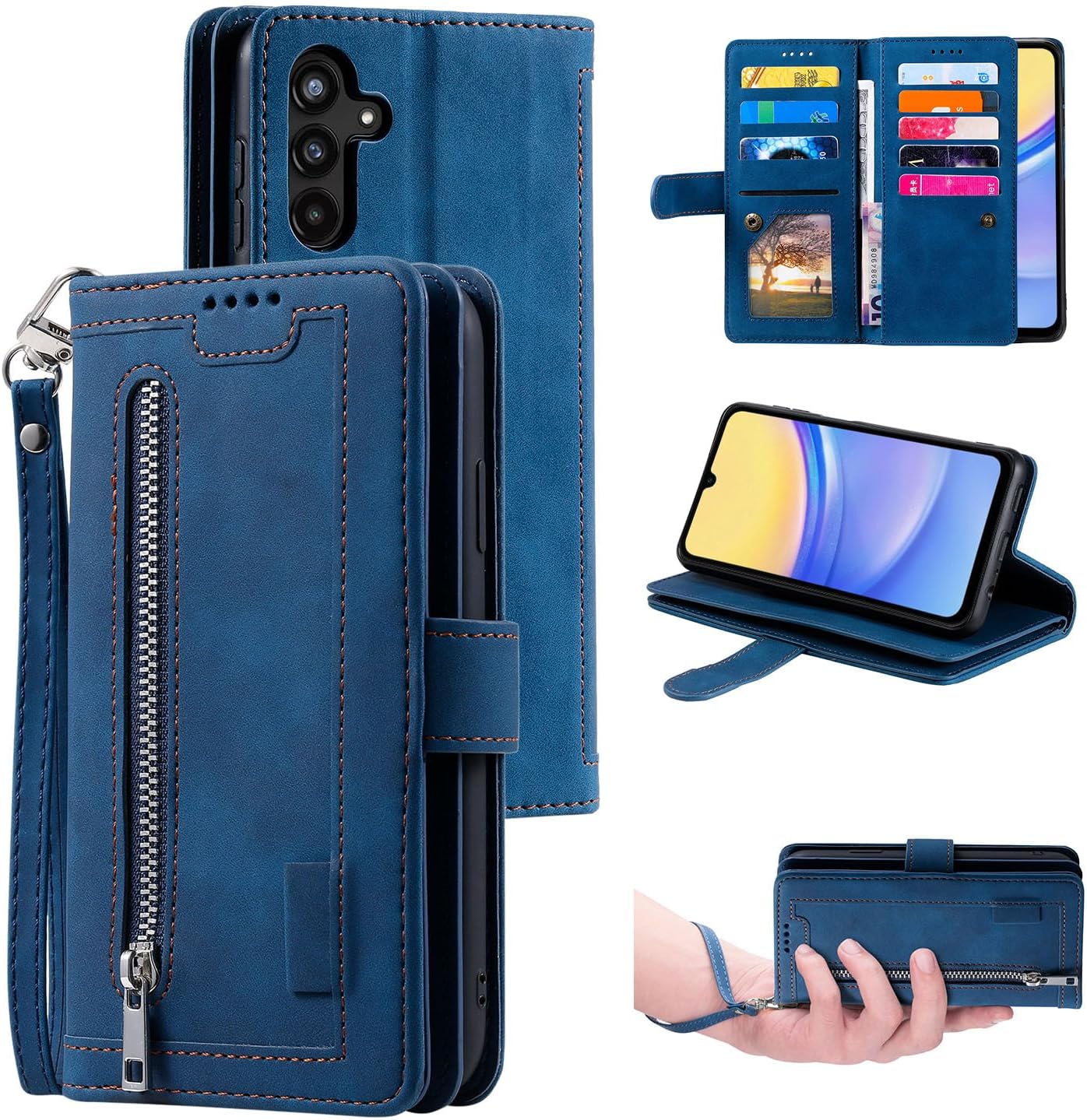 UEEBAI Wallet Case for Samsung Galaxy A15 – Retro PU Leather Flip Cover with 9 Card Slots, Zipper Pocket, Magnetic Closure, Kickstand & Wrist Strap, Shockproof Protective Case