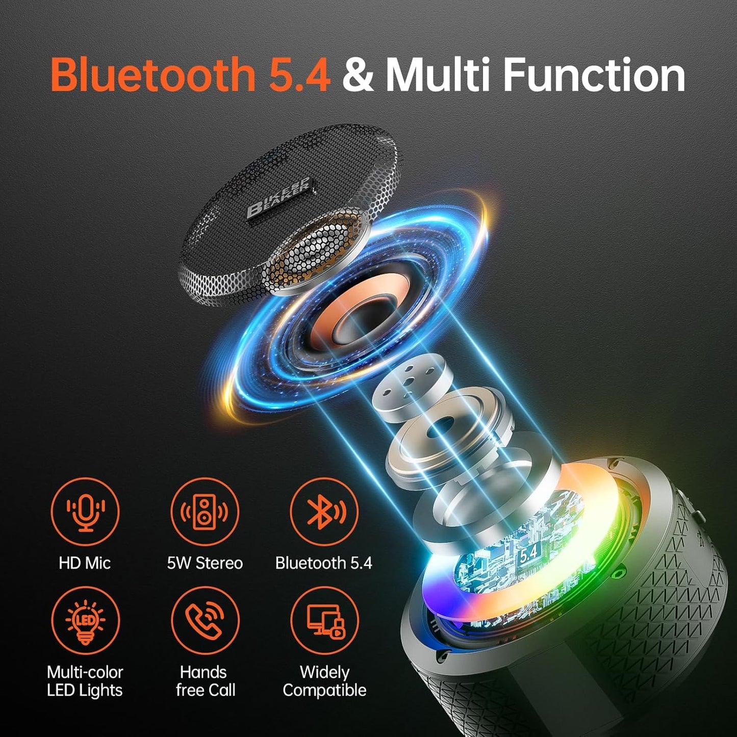 Bluetooth Shower Speaker, Portable Bluetooth Speaker HD Sound with Suction Cup/Lanyard, IPX7 Waterproof Wireless Speaker with RGB Light, Built-in Mic, USB, Mini Speaker for Bathroom, Party, Outdoor