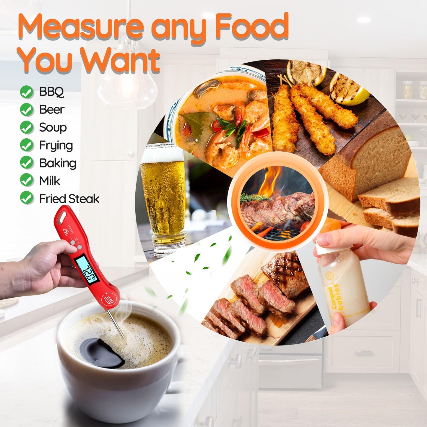 DOQAUS Digital Meat Thermometer, Instant Read Food Thermometer with Backlight LCD Screen, Foldable Long Probe & Auto On/Off, Perfect for Kitchen, BBQ, Water,Meat, Milk, Cooking Food (Black)