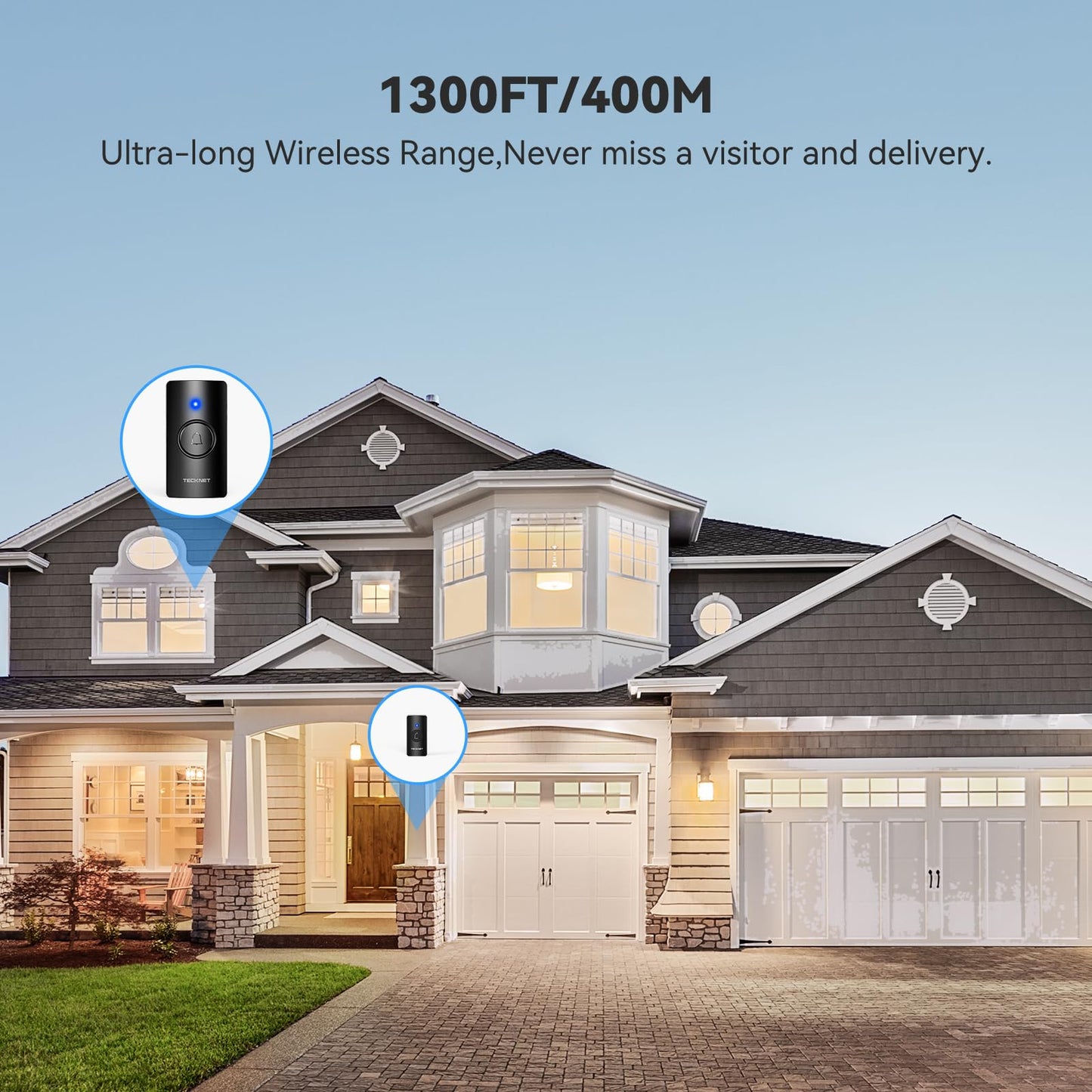 TECKNET Wireless Doorbell – Waterproof, Battery-Operated Cordless Chime Kit with 400M Range, 5 Volume Levels & 60 Chimes