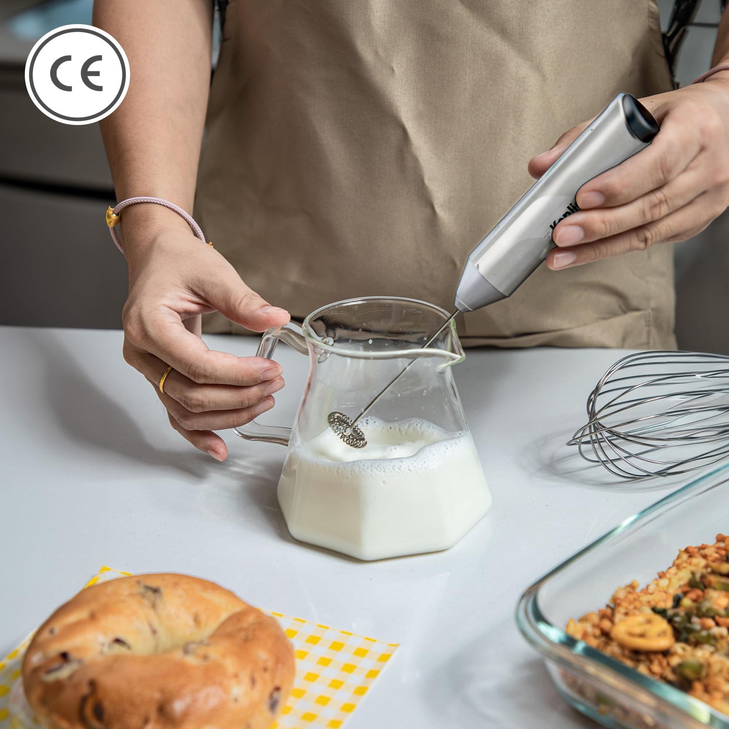 Keplin Handheld Milk Frother - Stainless Steel Electric Whisk - Portable Battery-Operated Coffee Frother for Lattes, Matcha, Protein Shakes - Ergonomic, Compact, Easy to Clean (Battery Not Included)