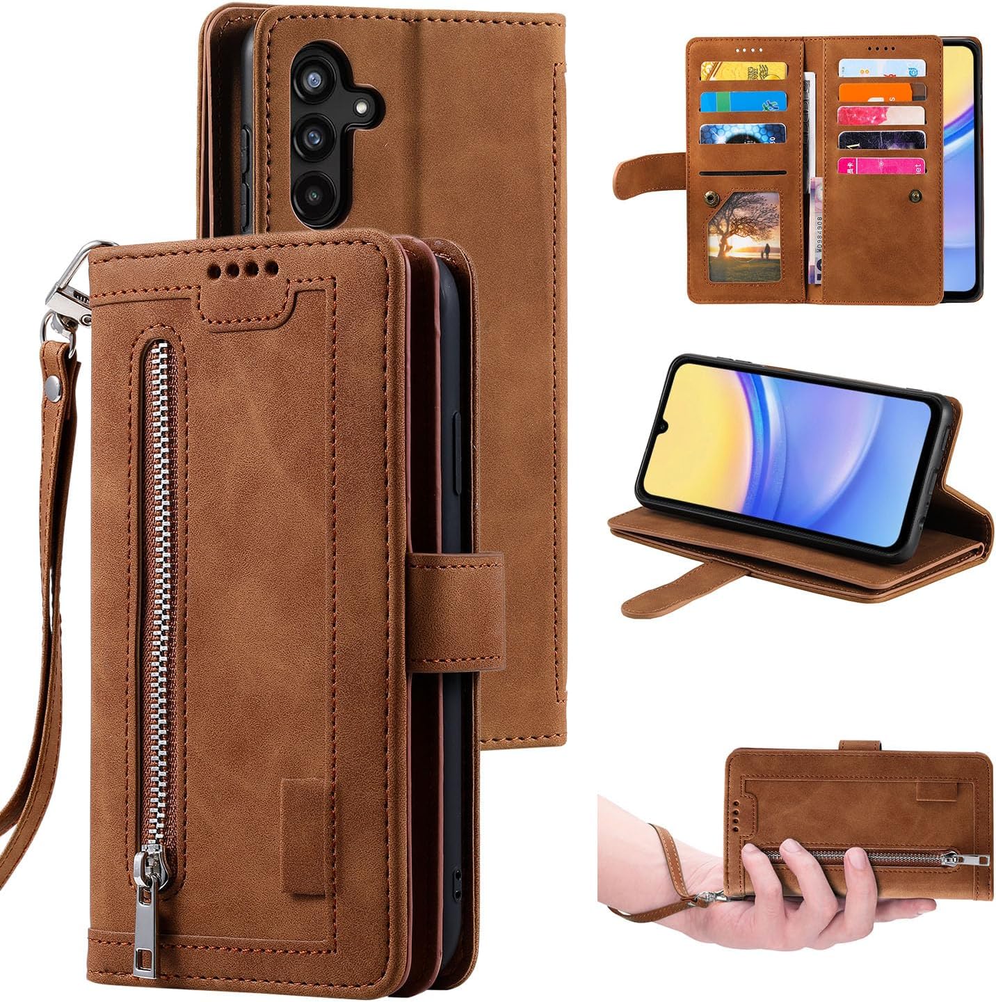 UEEBAI Wallet Case for Samsung Galaxy A15 – Retro PU Leather Flip Cover with 9 Card Slots, Zipper Pocket, Magnetic Closure, Kickstand & Wrist Strap, Shockproof Protective Case