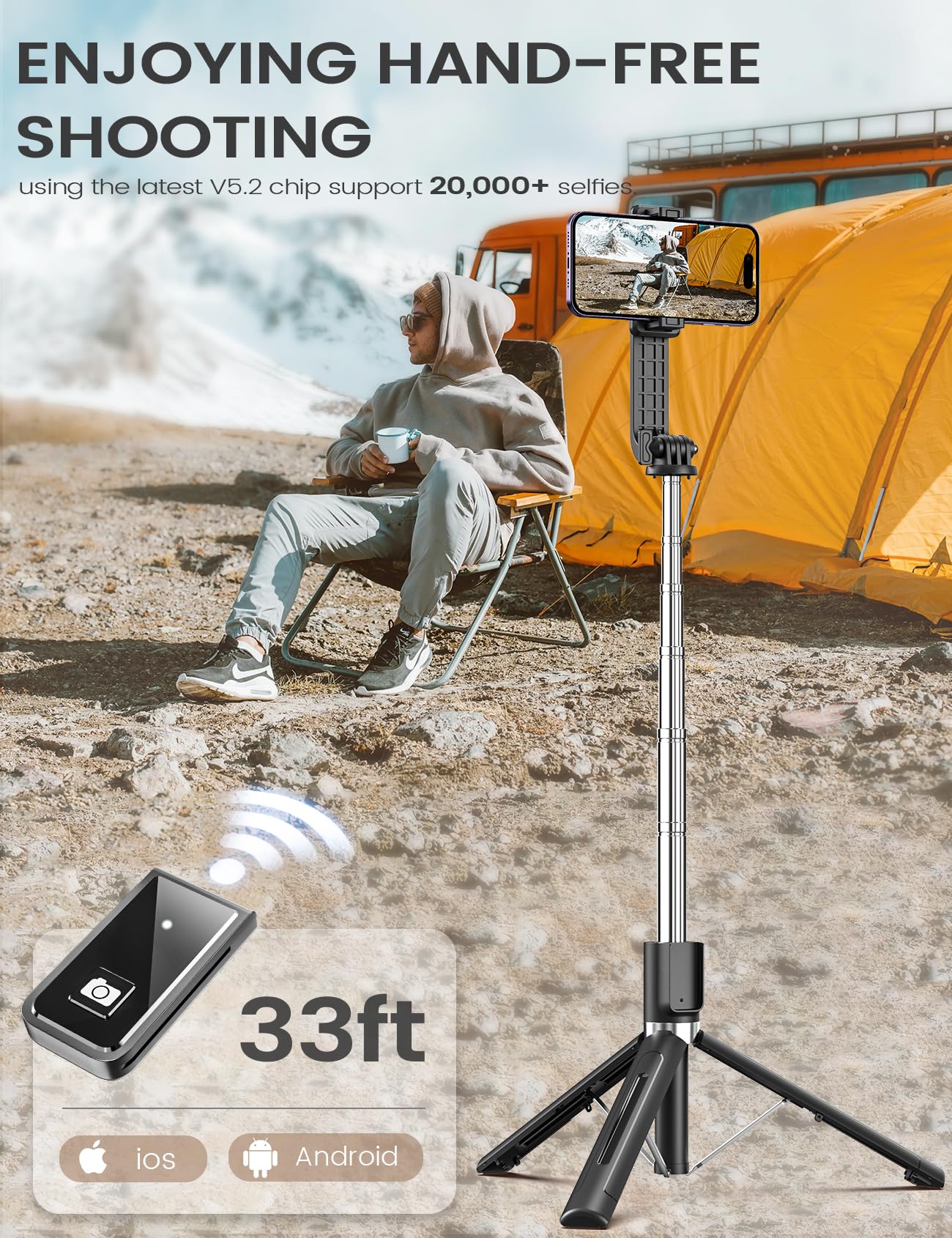ANXRE Selfie Stick with Reinforced Tripod – 50” Extra Long Adjustable Phone Tripod with Detachable Wireless Remote, Compatible with iPhone & Samsung Smartphones