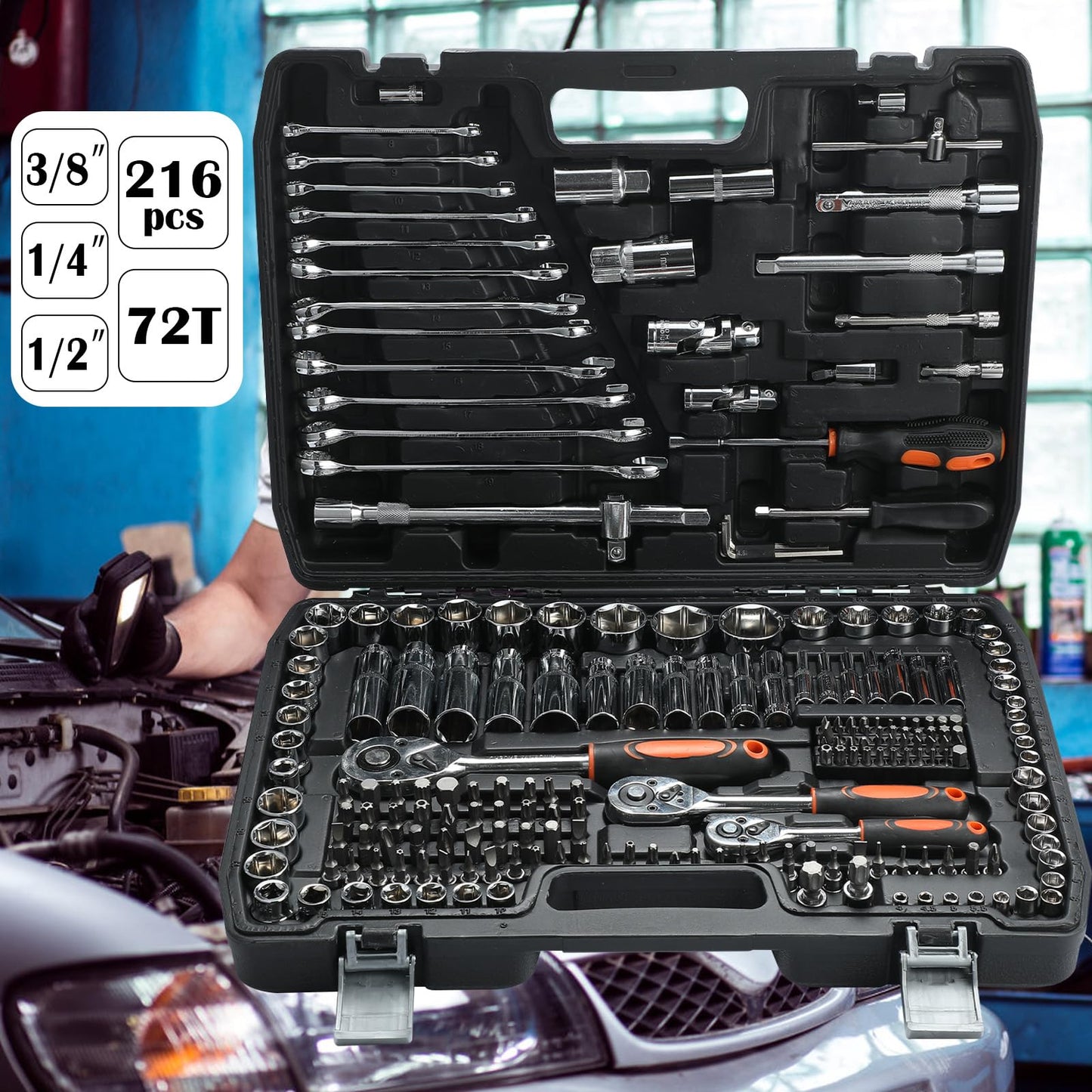 Takezuaa 46 Pieces Socket Wrench Set,Drive Ratchet Wrench Bits & Driver,with Flexible Extension Rods,Quick Release Reversible Ratchet,Spanner Sets with Storage Case