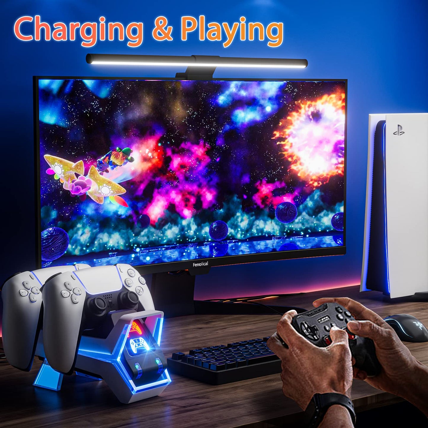 Fenolical PS5 Controller Charger Station, PS5 Charging Station with Fast Charging AC Adapter 5V/3A, Electronic Dog Style Dual Playstation5 Charger Station Accessories with LED Indicator (Blue)