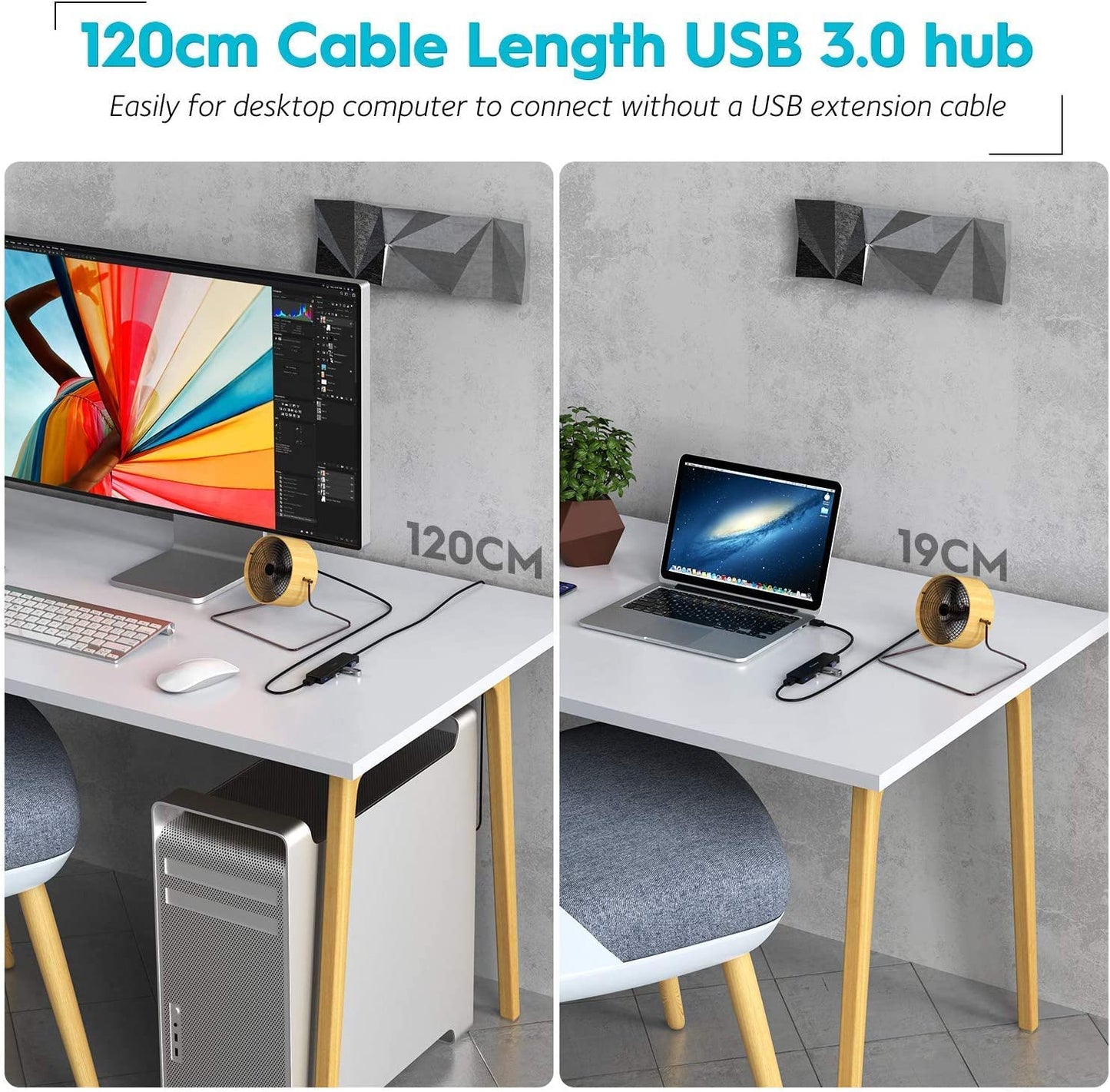 Aceele USB Hub 3.0 with 4ft Long USB Extension Cable, Splitter 4 Port with 5Gbps Data Transfer, Extender for Laptop, Desktop PC, MacBook