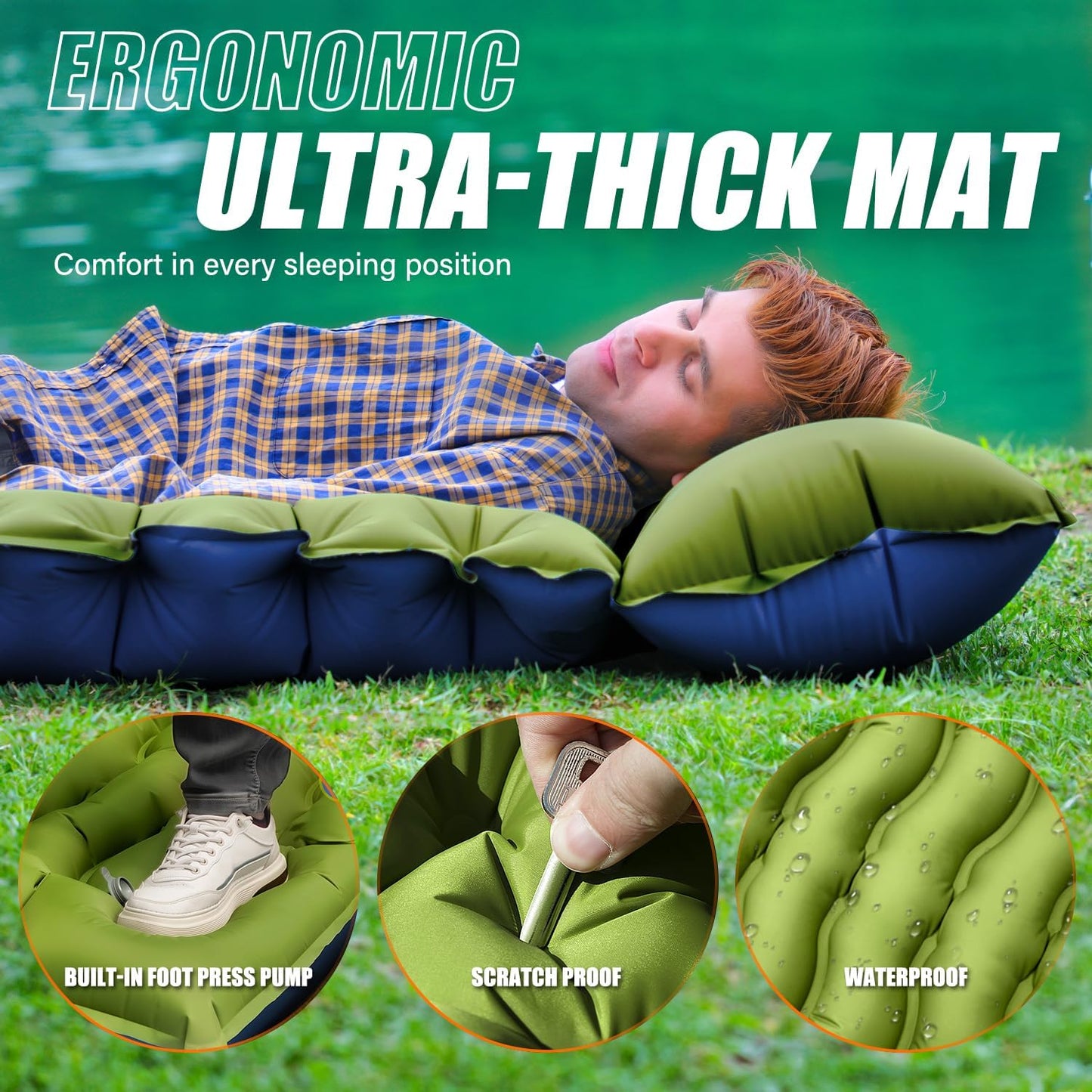 Yuzonc Ultralight Inflatable Camping Sleeping Pad with Built-in Pillow & Foot Pump – Portable, Compact Sleeping Mat for Backpacking, Hiking & Tents