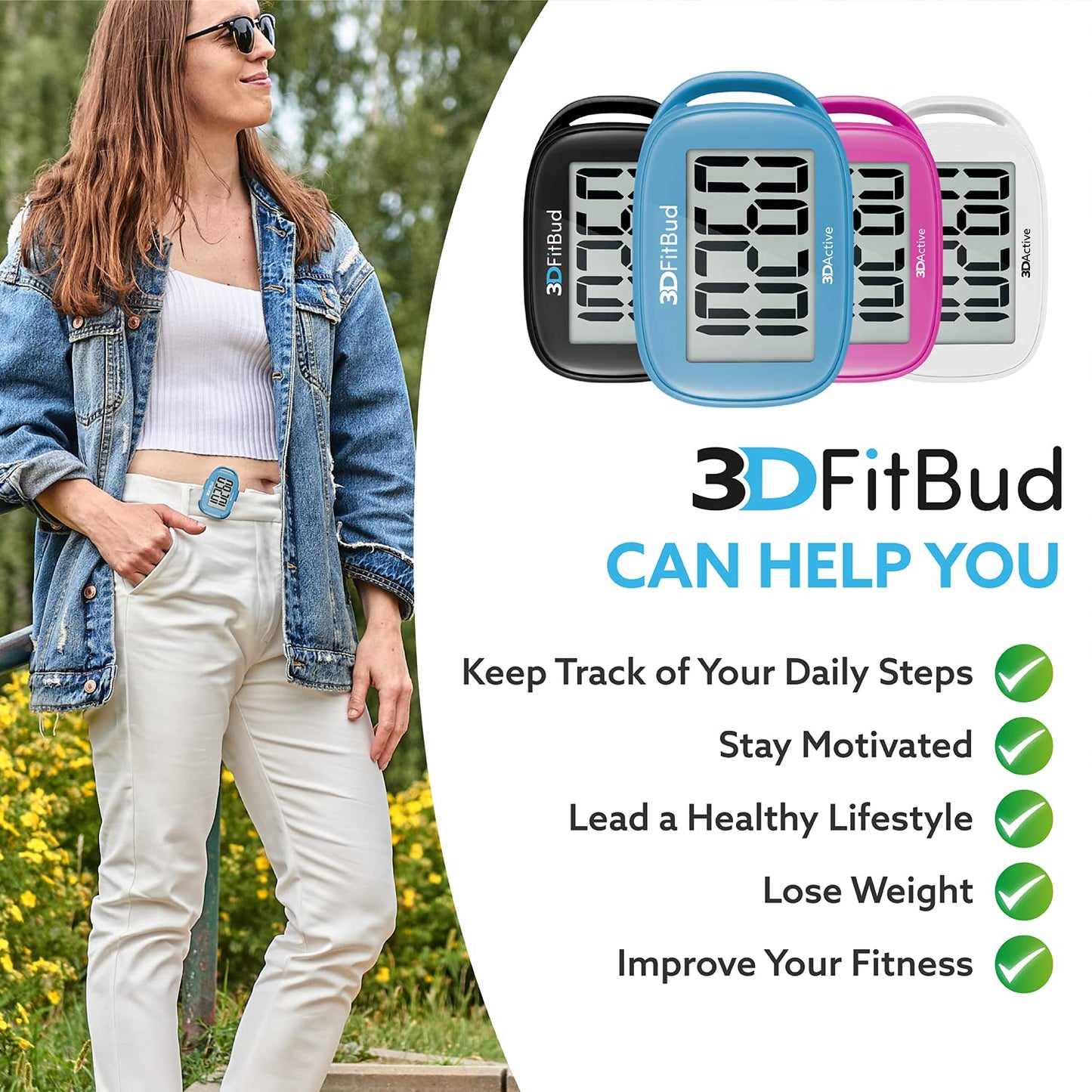 3DFitBud Simple Step Counter Walking 3D Pedometer with Clip and Lanyard, A420S