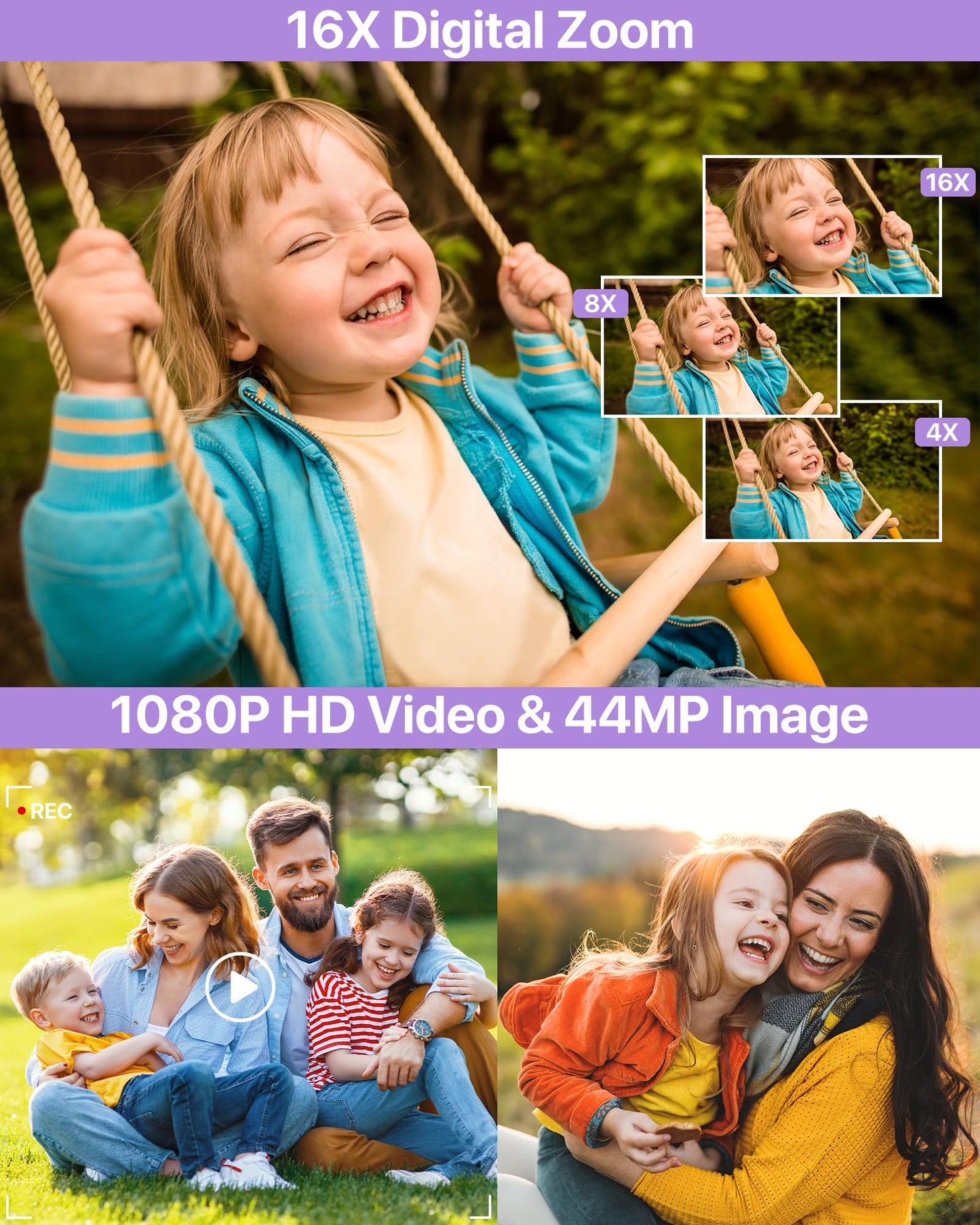 1080P FHD Compact Digital Camera 44MP – Mini Portable Vlogging Camera with 2.4" LCD, 16X Zoom, Battery Included (Pink, No SD Card)