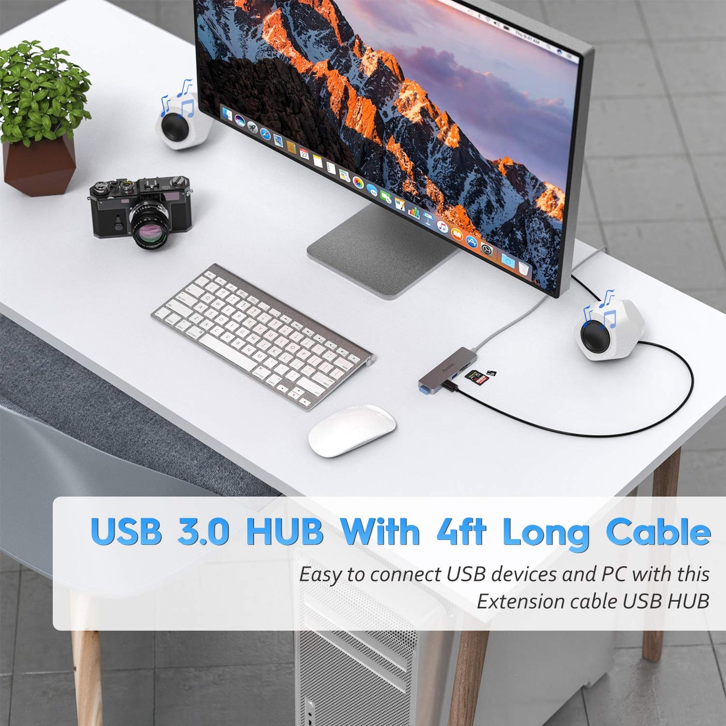 Aceele USB Hub 3.0 with 4ft Long USB Extension Cable, Splitter 4 Port with 5Gbps Data Transfer, Extender for Laptop, Desktop PC, MacBook