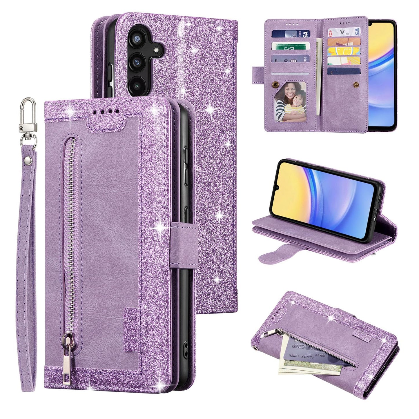 UEEBAI Wallet Case for Samsung Galaxy A15 – Retro PU Leather Flip Cover with 9 Card Slots, Zipper Pocket, Magnetic Closure, Kickstand & Wrist Strap, Shockproof Protective Case