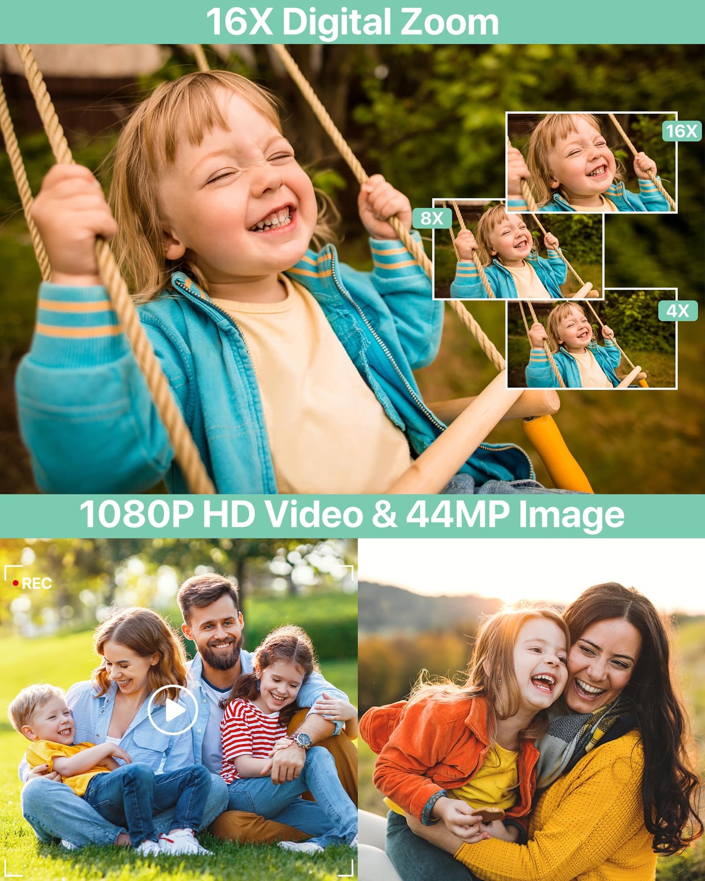 1080P FHD Compact Digital Camera 44MP – Mini Portable Vlogging Camera with 2.4" LCD, 16X Zoom, Battery Included (Pink, No SD Card)