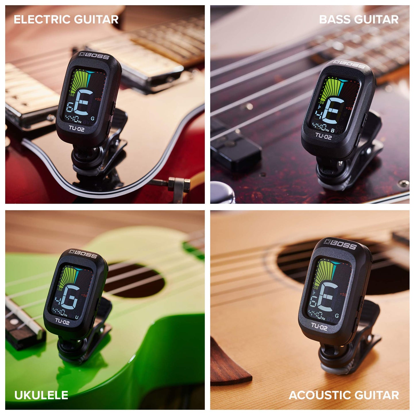 BOSS TU-02 Chromatic Clip-On Tuner for Guitar, Bass & Ukulele – Precise Battery-Powered Tuner with High-Contrast Color Display, Black
