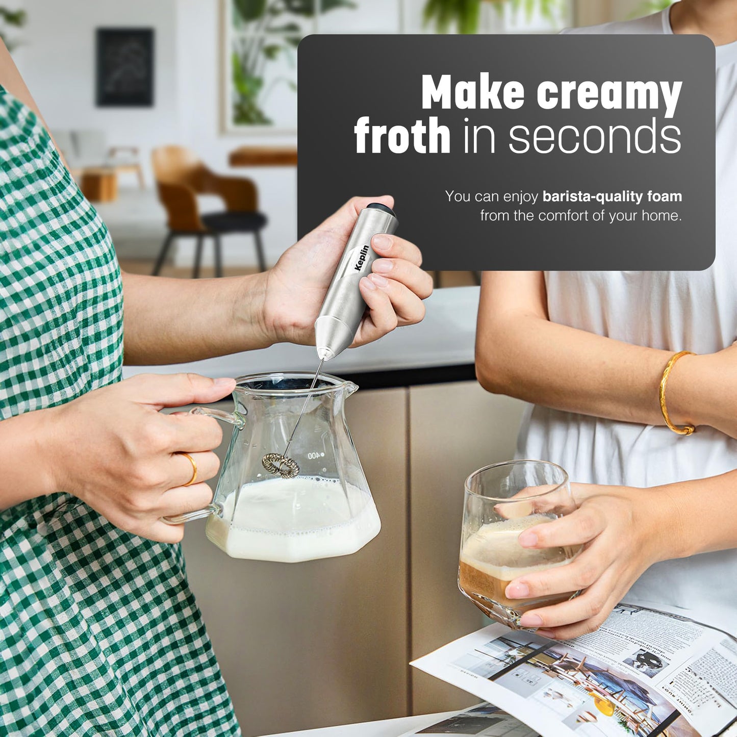Keplin Handheld Milk Frother - Stainless Steel Electric Whisk - Portable Battery-Operated Coffee Frother for Lattes, Matcha, Protein Shakes - Ergonomic, Compact, Easy to Clean (Battery Not Included)
