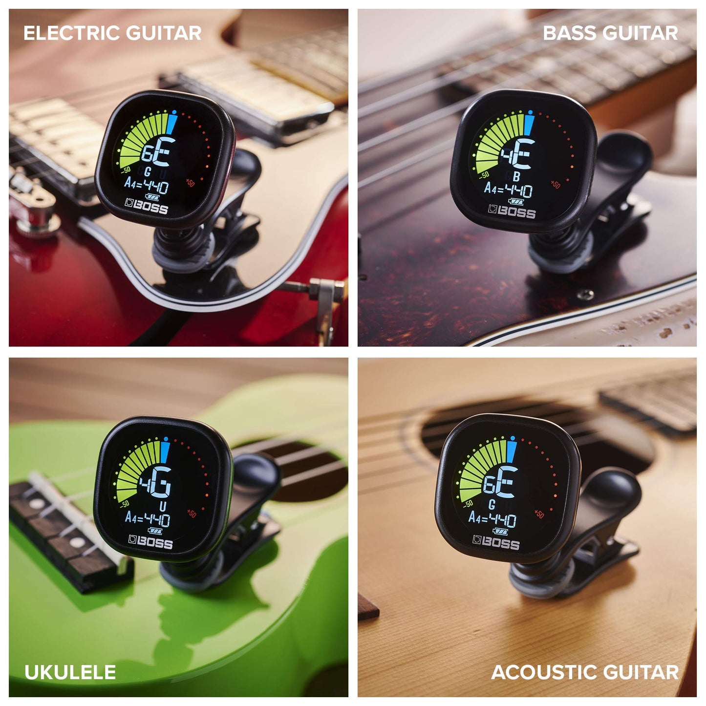 BOSS TU-02 Chromatic Clip-On Tuner for Guitar, Bass & Ukulele – Precise Battery-Powered Tuner with High-Contrast Color Display, Black