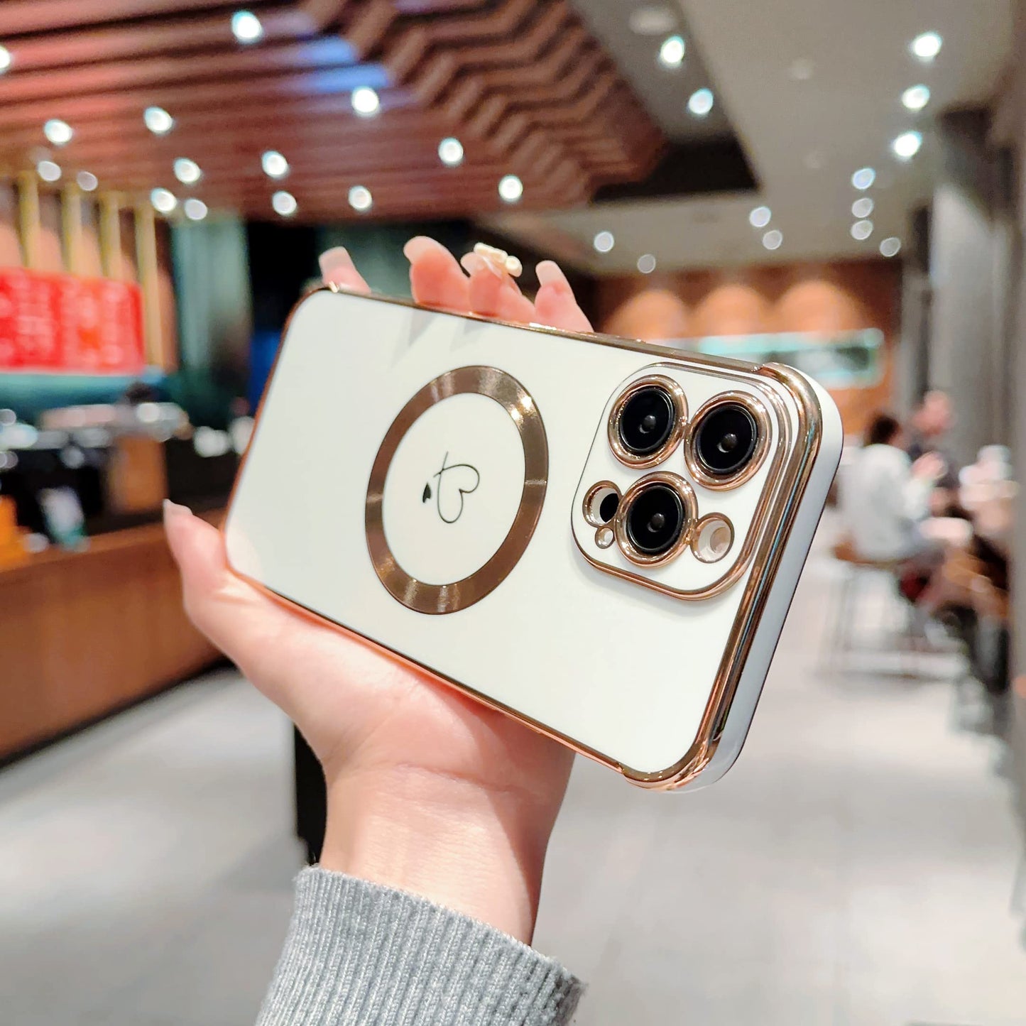 ZTOFERA Magnetic Case for iPhone 15 Pro Compatible with MagSafe, Flexible Soft Silicone Protective Phone with Cute Love Heart Pattern Golden Rim Shockproof Bumper Cover