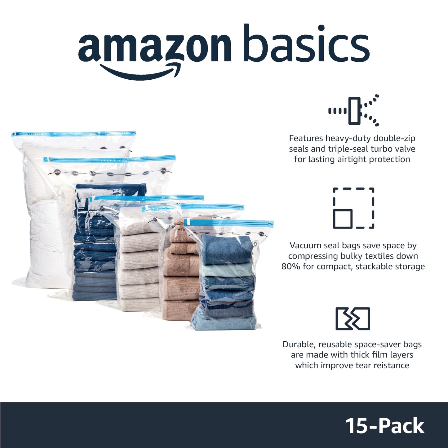 Amazon Basics Vacuum Compression Zipper Storage Bags with Airtight Valve and Hand Pump, Large, 5-Pack, Clear
