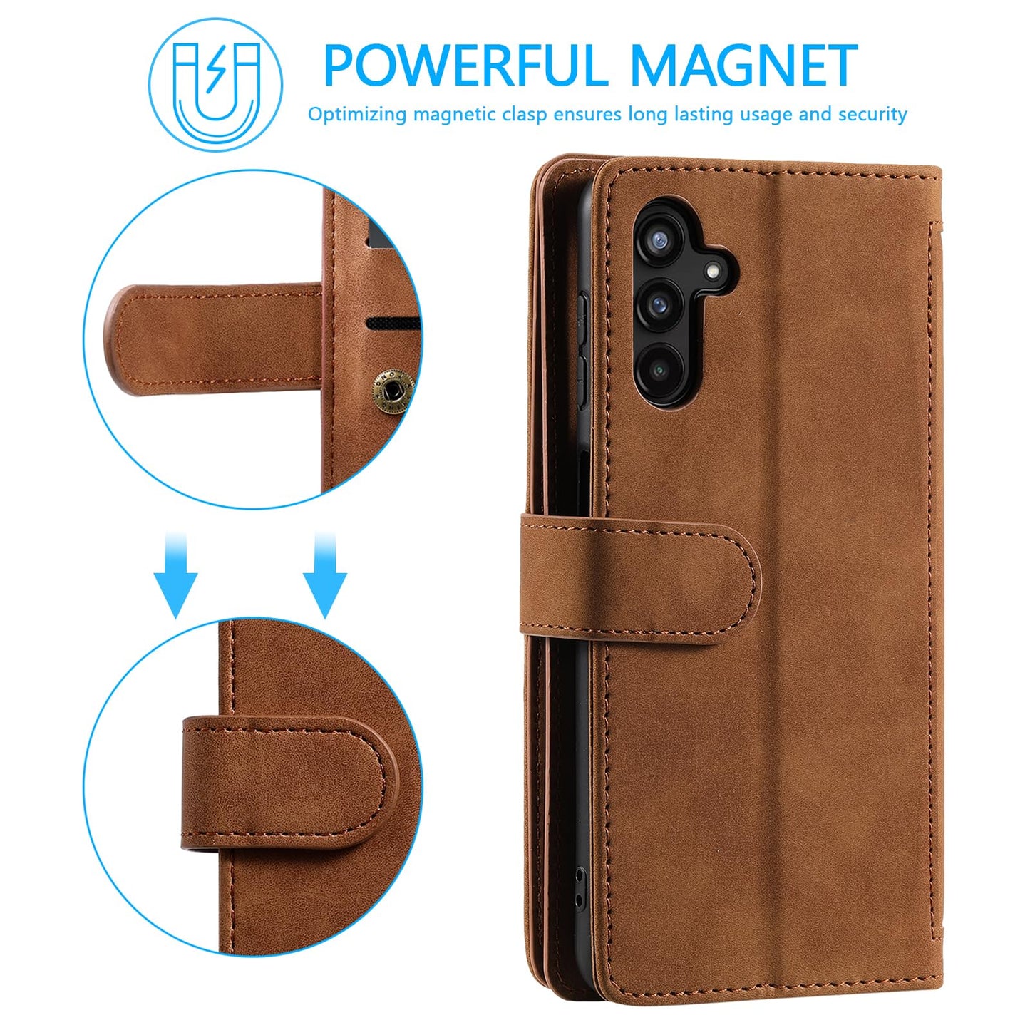 UEEBAI Wallet Case for Samsung Galaxy A15 – Retro PU Leather Flip Cover with 9 Card Slots, Zipper Pocket, Magnetic Closure, Kickstand & Wrist Strap, Shockproof Protective Case