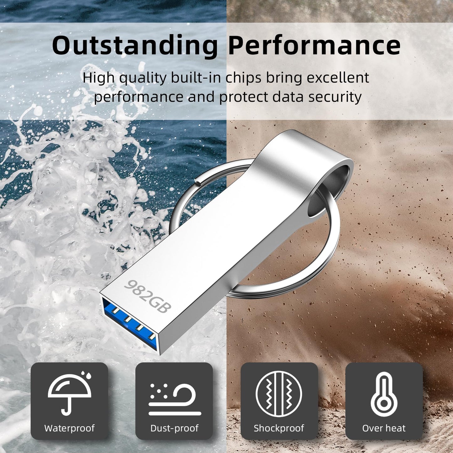 Deeiqeyp 982GB USB 3.0 Flash Drive – Metal Waterproof Thumb Drive for PC, Laptop, TV, Data Storage & Backup