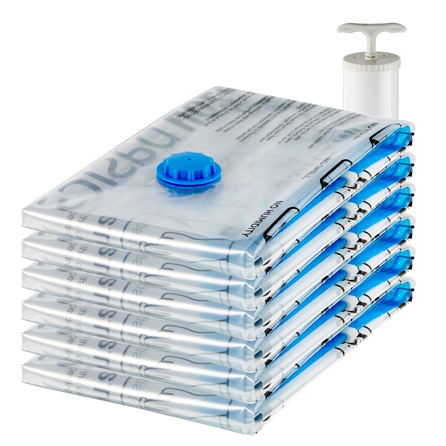 Amazon Basics Vacuum Compression Zipper Storage Bags with Airtight Valve and Hand Pump, Large, 5-Pack, Clear
